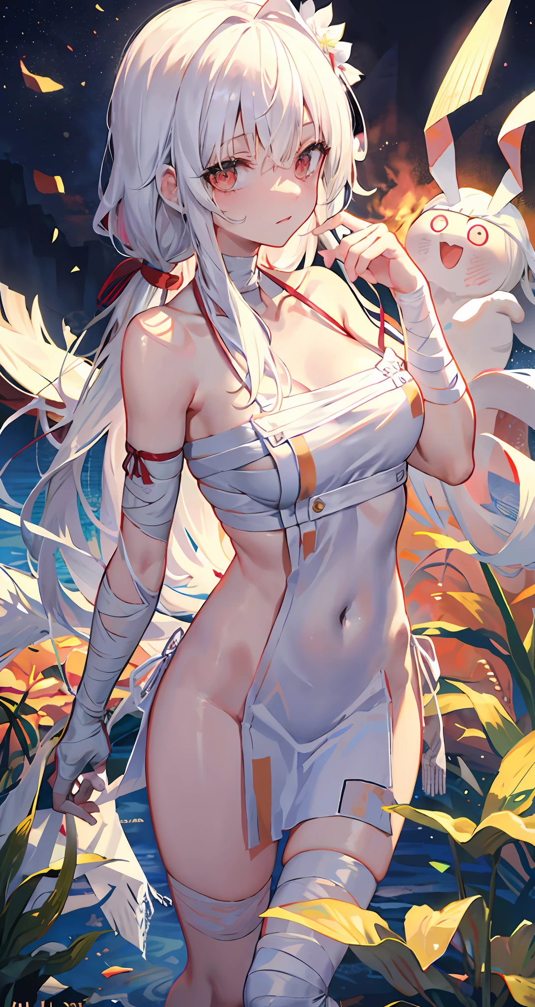 bandaged_leg、bandagens、sarashi、bandaged_arm、naked_bandage、bandaged_neck、mummy_costume、nedium breasts、nabel、1girl、bandaged_hair、looking_at_viewer、Adhesive bandage、long whitr hair、鎖骨、Bare shoulders、huge_bartaged_head