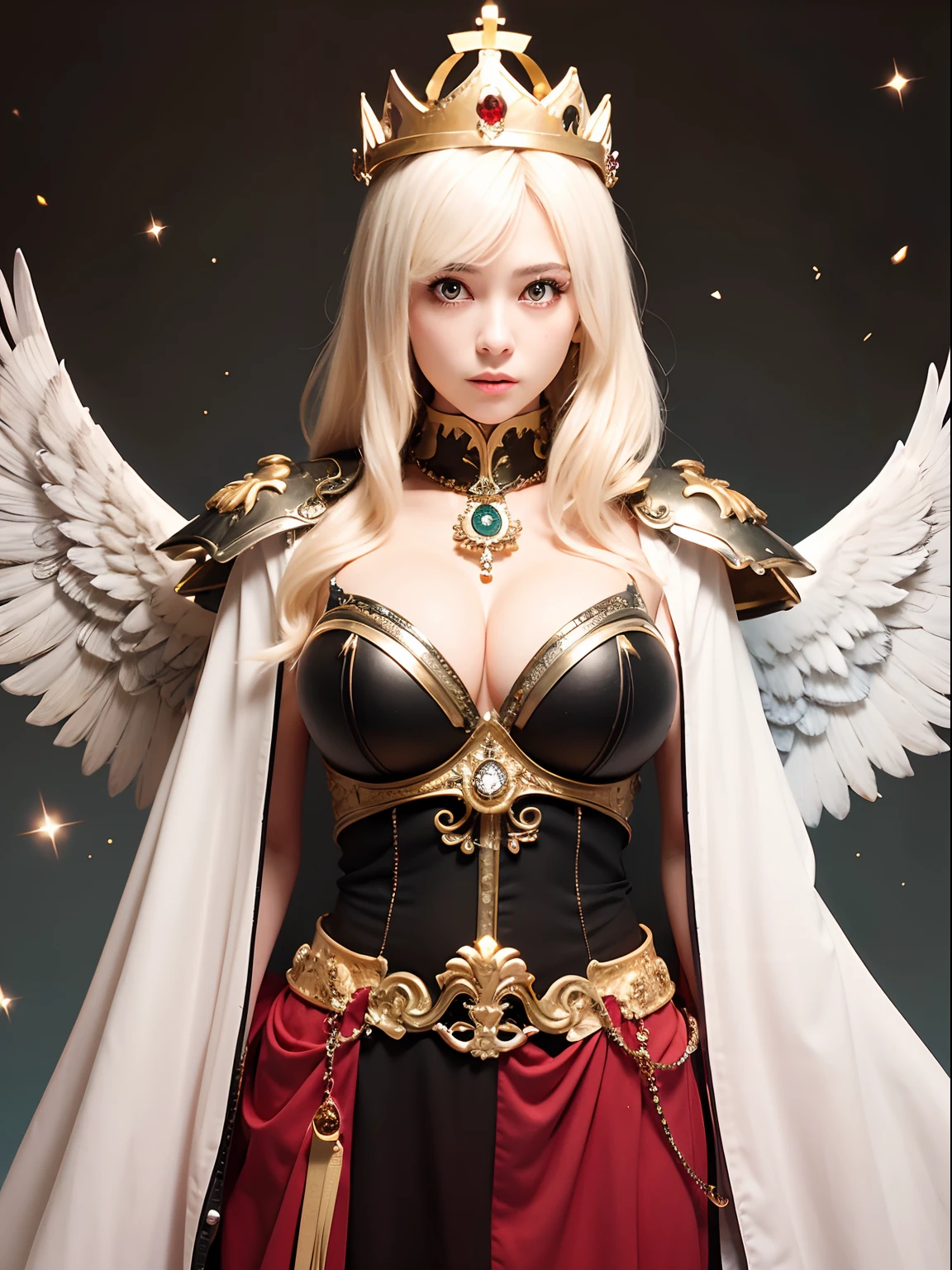 (masutepiece), Professional , masterpiece、top-quality、photos realistic , depth of fields (Gemstone Silver Metal Body:1.9),(Matte White、(Interior background of a luxurious castle)、Jewel Gold Weapon、(Flying in the sky),Gorgeous metal weapons,(Detailed and realistic angel white wings) , Detailed Sword of the Brave , Beautiful knife 、delicated face、20 years girl ,warhammer 40k , adepta sororitas,Detail and ornate jewel crown、a blond、(Gangle's forest background)、Beautiful Caucasian beauty、1a person、dynamic ungle,(((Detailed and ornate diamond crown)))、Smaller head、A smile、Powerful poses、Beautiful thin fingers of a woman、cleavage of the breast、