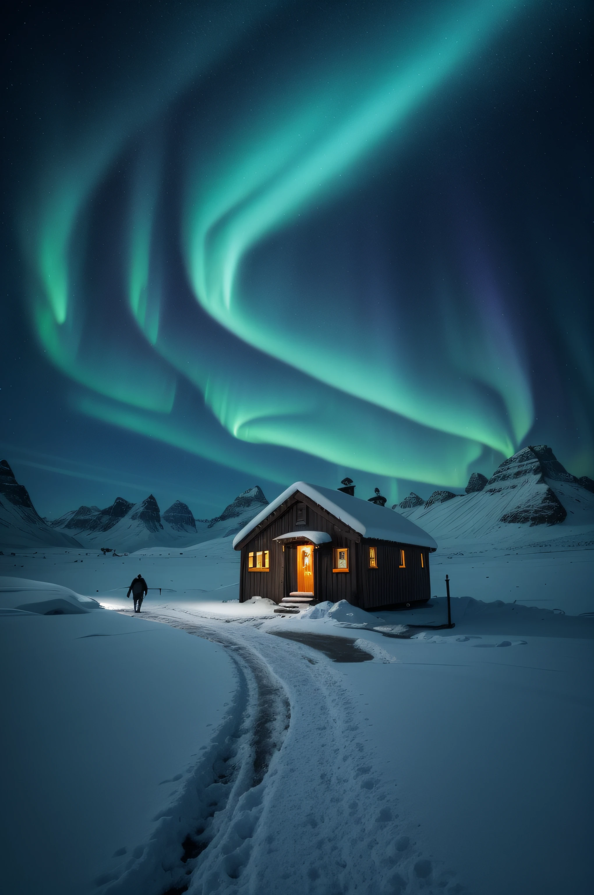 Alafard hut in the snow,A man walks towards it, max rive, author:Alexander Kucharisky, marc adamus, author:Christopher Balaskas, Northern Lights, author:Anna Heifesch, with aurora borealis in the sky, author:Anton Lemden, author:anato finnstark, aurora borealis, magical colors and atmosphere