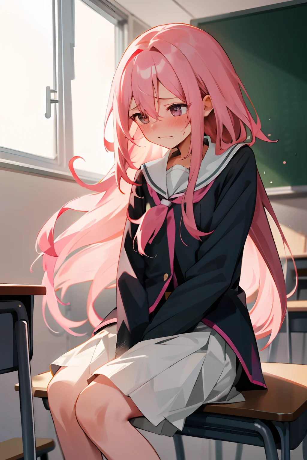 Anime girl sitting on a desk in a classroom with a blackboard - SeaArt AI