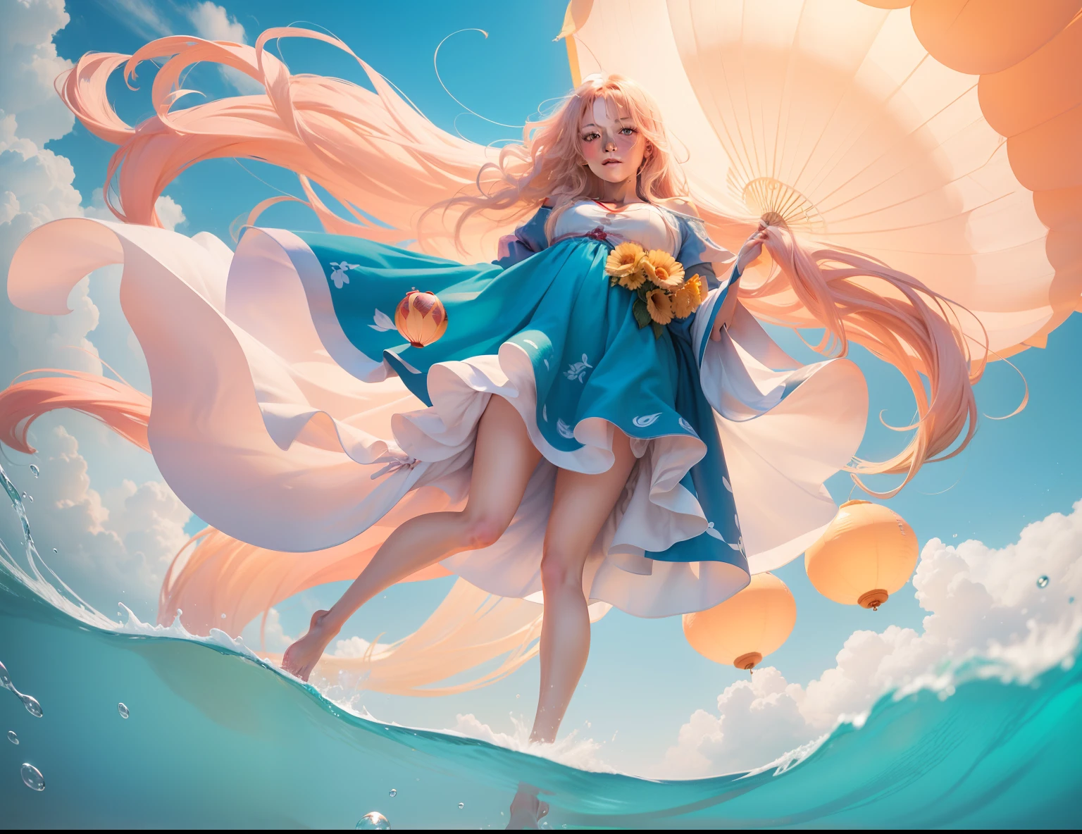 long shot of cute lady, looking at the camera viewed from below, with wavy long blonde hair, parachuting down holding a giant Chinese lantern floating down form a sunny summer day sky to watch the pink sunset, as she lightly touches down in the shallow clear blue foamy surf of an otherwise alien seashore, showing the sandy beach, and toes in the sand and surf, 28k resolution hyper-detailed, photorealistic Kurosawa.