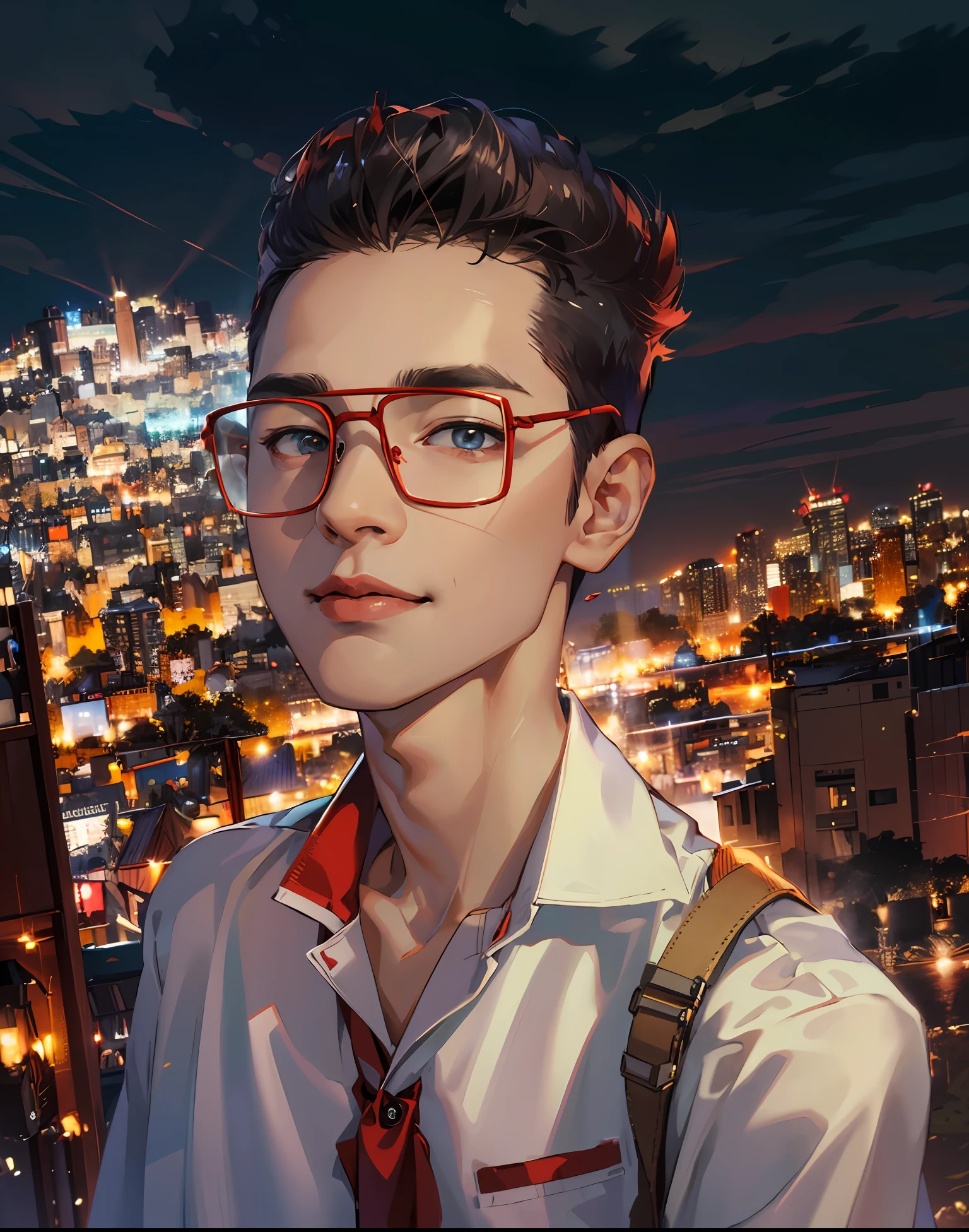 (absurdres, highres, ultra detailed, HDR), masterpiece, best quality, 1boy, handsome, short hair, finely eye and detailed face, (white t-shirt), (red jacket), dimple, night street, night city, midnight, selfie shot, light smile