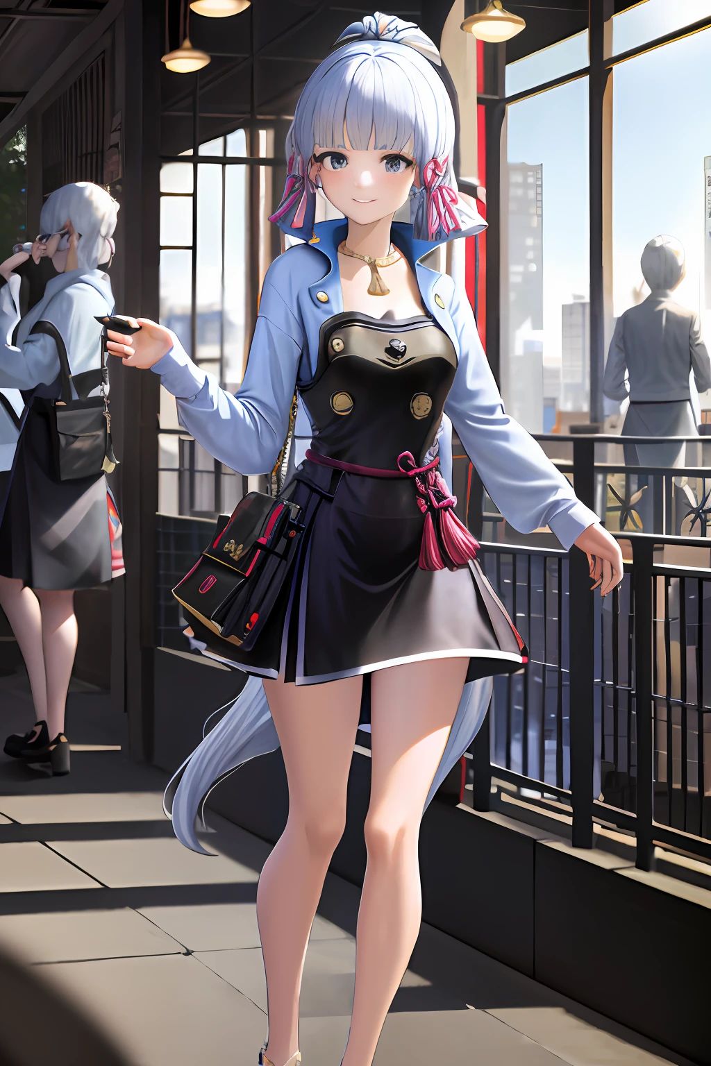 1girll, Long hair, Waist length hair, Wear a solid gray cardigan sweater, Long skirt, Black skirt, Knee-length skirt, Morning City, Shops, Daytime, Summer, white architecture, absurderes, A high resolution, ultrasharp, 8K, Masterpiece, view the viewer, offcial art, hdr, facelight, Ultra photo realsisim, A high resolution, Lovely smile,Affectionate silent eyes