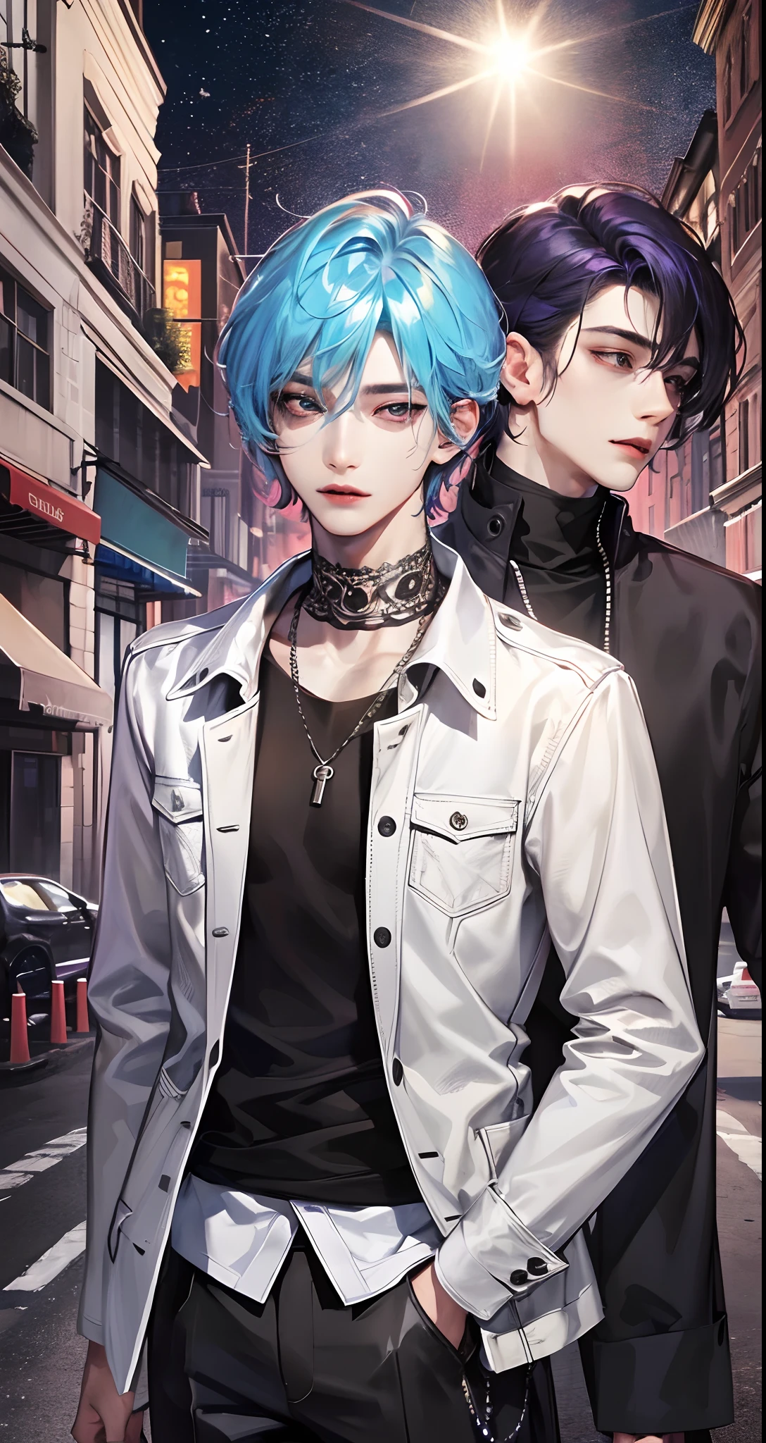 masterpiece, top-quality, 2Others, Male couple, 1 man and 1,, Adults, Height difference, different fashion, different color, finely eye and detailed face, intricate detailes, Casual clothing, Oversized shirt, Modern urban streets, A smile, Happiness, tenderness, queers, high-level image quality、 Two beautiful men、tall、The upper part of the body、nightfall、nighttime scene、𝓡𝓸𝓶𝓪𝓷𝓽𝓲𝓬、Korean Male, Idol Photos, k pop, Professional Photos, Vampires, Korean fashion in black and white, Fedoman with necklace, inspired by Sim Sa-jeong, androgynous vampire, :9 detailed face: 8, extra detailed face, detailed punk hair, ((eyes are brown)) baggy eyes, Seductive. Highly detailed, semi realistic anime, Vampires, hyperrealistic teen, delicate androgynous prince, imvu, short hair above the ears, Man with short hair, Purple-haired man with a glaring expression and a man with light blue hair with a gentle expression, With a short-haired man with bright purple hair, Man with light blue hair