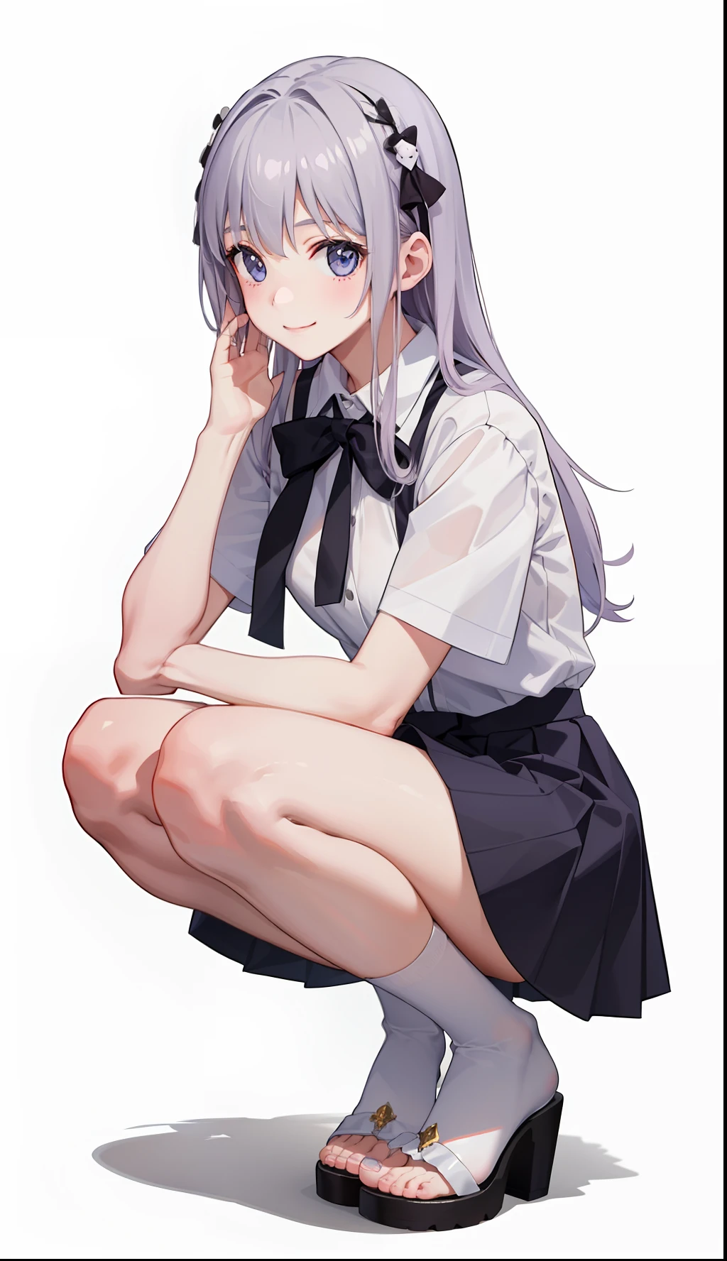 1girl in、A smile、A delightful! The shirt、pleatedskirt、White skirt、(small tits)Squatting panchira、