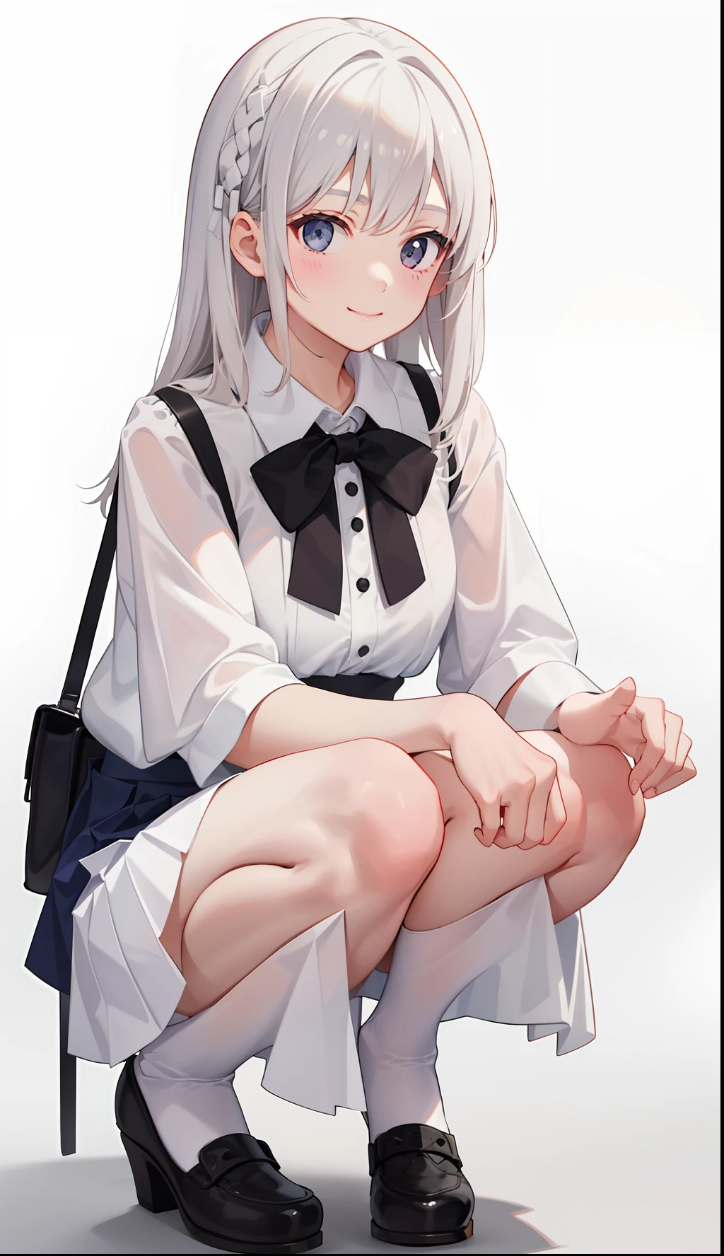 1girl in、A smile、A delightful!　The shirt、pleatedskirt、White skirt、（small tits）Squatting panchira、