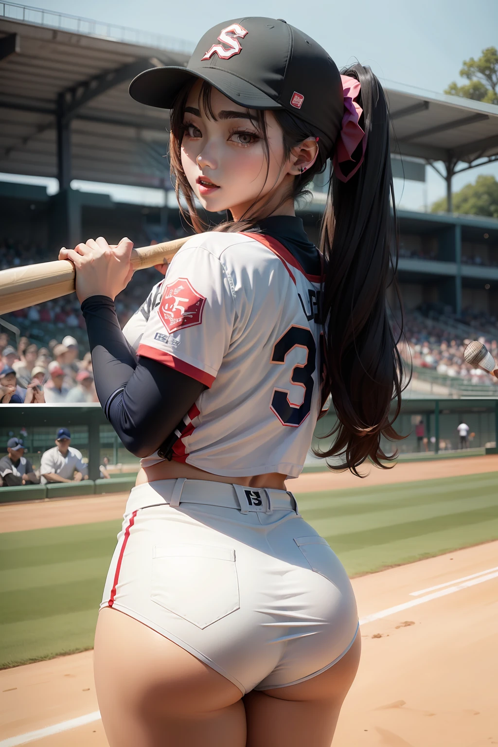 At the baseball field, a pretty Korean singer holds a bat to her buttocks, her eyes are big and she is professional