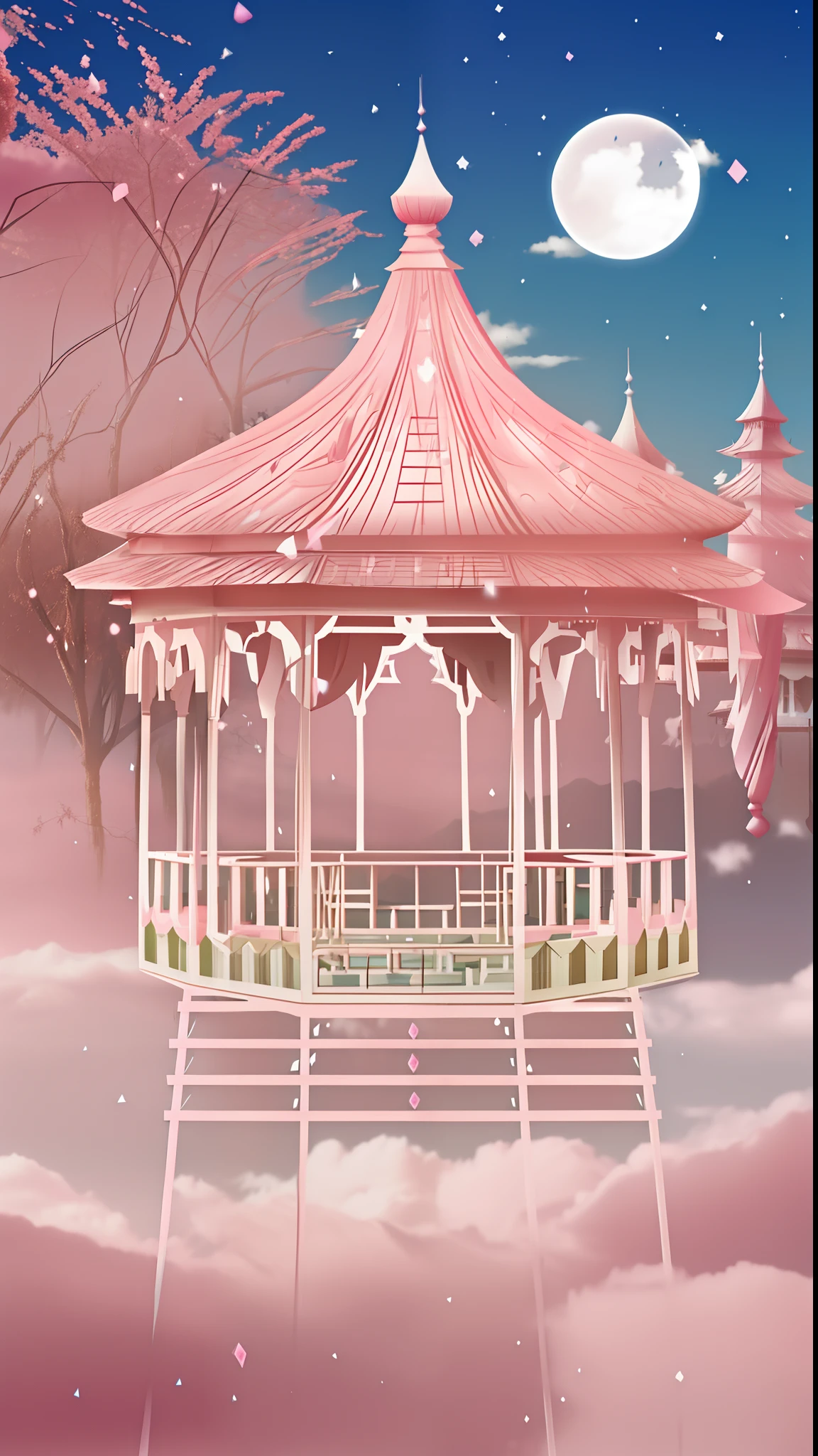 In the middle of the park full of pink clouds there is a pink pavilion, lie on white clouds fairyland, heaven pink, in the white clouds fairyland, pink zen style, Cloud Palace, palace floating in heaven, dreamy atmosphere and drama, in white clouds fairyland, pink fog background, fantasy aesthetic!, dreamy aesthetic, flying cloud castle, very magical and dreamy