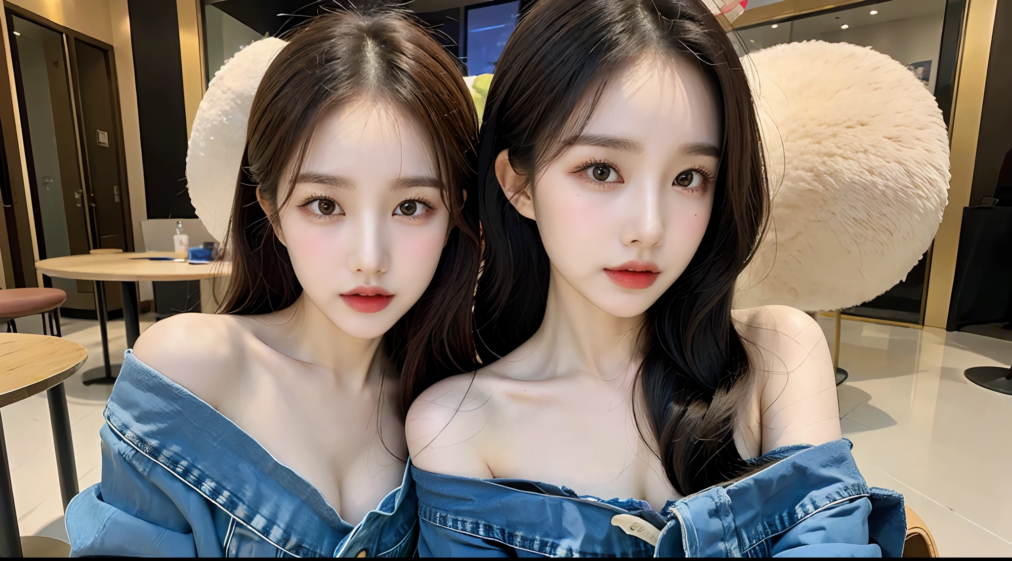 (High-resolution 8K raw photos are realistic,best qualtiy)，Fashionab, Fashionab, beautiful and charming woman，gentle and charming Chinese beautiful woman，Korea,Kpop idol，delicate and sexy collarbones，charming oval face，二重まぶた，Ingenious[peaches]flower eyes，redish pink lips，small-nose，exposed bare shoulders，focus at face，closeup of face，Hyper-detailing，Blue off-the-shoulder long-sleeved top，White hip wrapped skirt，Light red hair，(cleavage，A half body，Close-up,SOLO)，Lace，lacing，head gear， Fresh and impressive， natural color，(pedestrian street，cbd,rays of sunshine，outside，Stone table，LV shoulder bag for women，cellular phone)，Front light，hugs