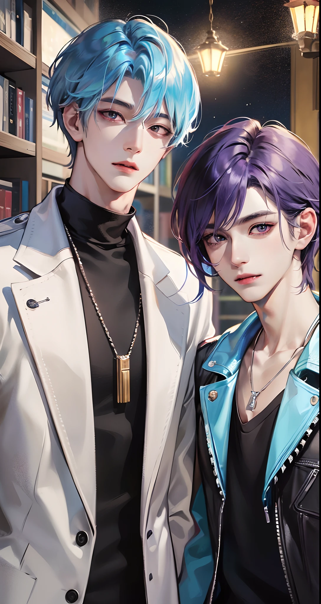 masterpiece, top-quality, 2Others, Male couple, 1 man and 1,, Adults, Height difference, different fashion, different color, finely eye and detailed face, intricate detailes, Casual clothing, Oversized shirt, Modern urban streets, A smile, Happiness, tenderness, queers, high-level image quality、 Two beautiful men、tall、The upper part of the body、nightfall、nighttime scene、𝓡𝓸𝓶𝓪𝓷𝓽𝓲𝓬、Korean Male, Idol Photos, k pop, Professional Photos, Vampires, Korean fashion in black and white, Fedoman with necklace, inspired by Sim Sa-jeong, androgynous vampire, :9 detailed face: 8, extra detailed face, detailed punk hair, ((eyes are brown)) baggy eyes, Seductive. Highly detailed, semi realistic anime, Vampires, hyperrealistic , delicate androgynous prince, imvu, short hair above the ears, Man with short hair, Purple-haired man with a glaring expression and a man with light blue hair with a gentle expression, With a short-haired man with bright purple hair, Man with light blue hair
