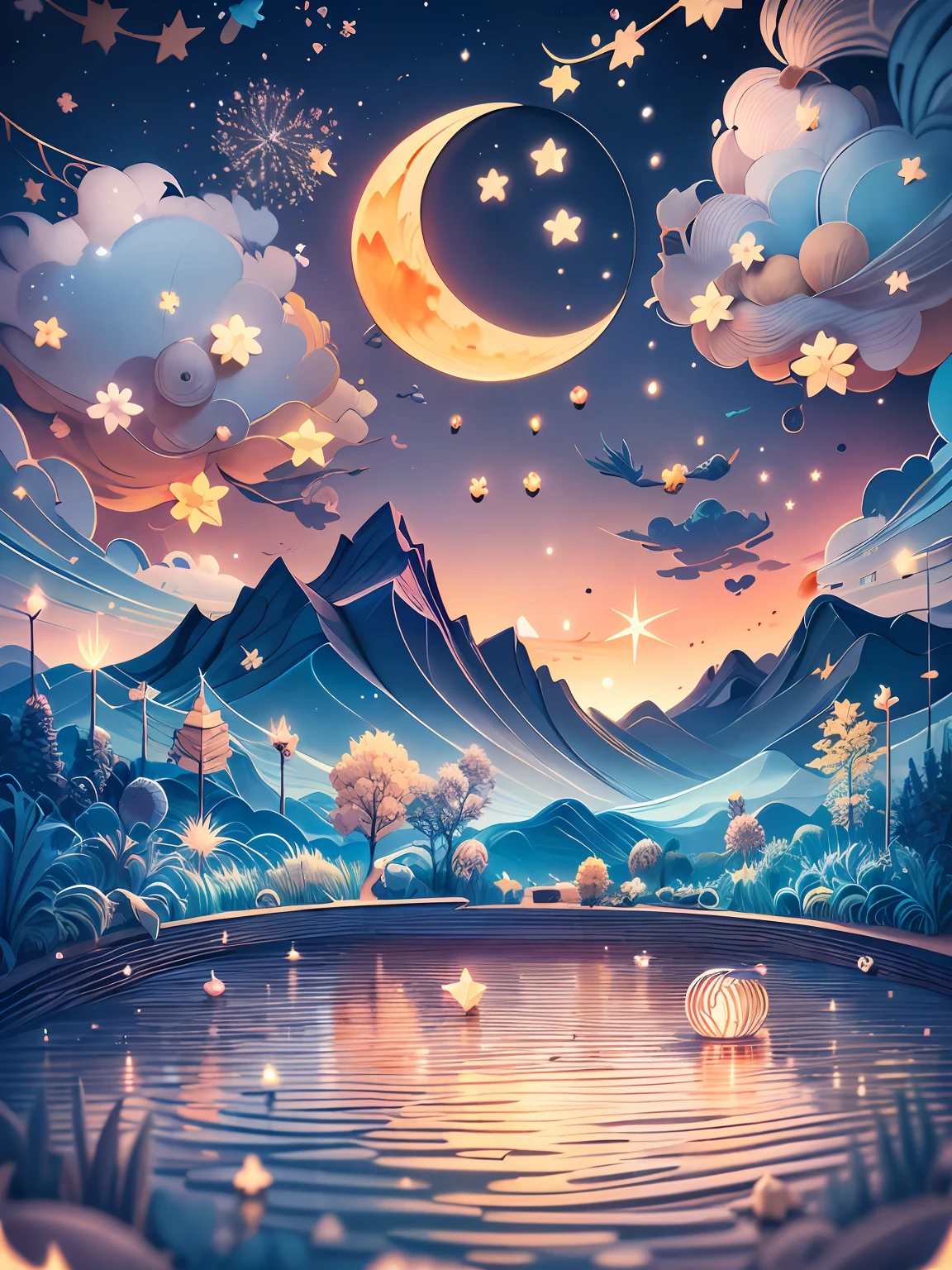 (((masterpiece))),best quality, illustration,  sky, cloud, star \(symbol\), night, bird, moon, star \(sky\), night sky, starry sky, vibrant color scheme, Soft light,(warm color:1.2),Water color painting, light background, best quality exquisite details,3d rendering,Octane render, paper_cut