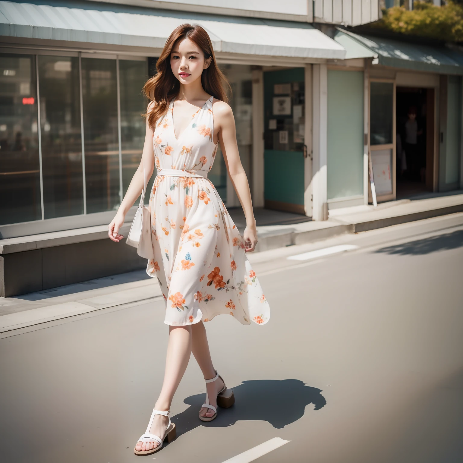 Cute face, Japan Woman, 25 years, Ginger hair, Long hair, (Silicon), Makeup, atheletic body, walking at street, floral dress,white sandals, solidcolor