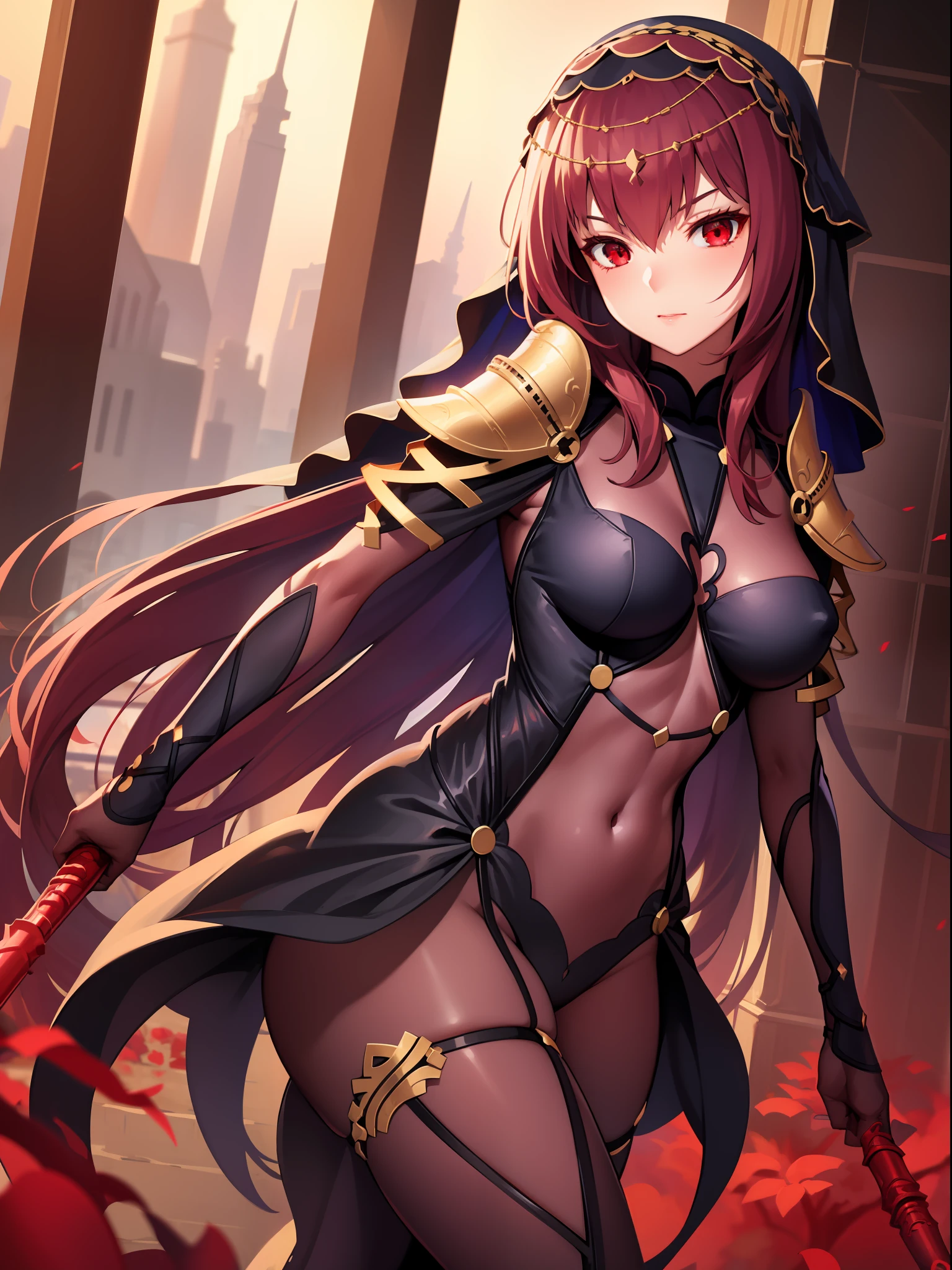 masterpiece, best quality,1girl,solo, scathach \(fate\),red eyes,veil, armor, shoulder armor, bodysuit