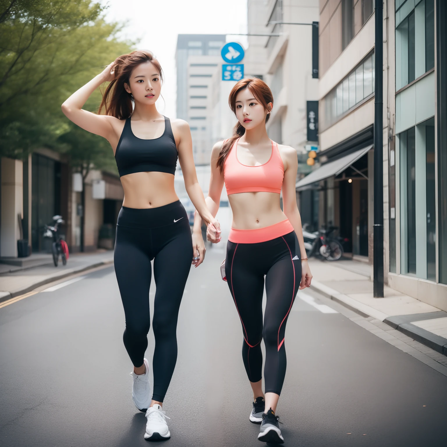 Best quality, 超高分辨率, (Photorealistic:1.4), 1girll, Loose fit and oversized black jacket, White sports bra, (Yoga pants for:1), (Light brown hair:1.2), Look at the audience, Smiling, software, Streets, urban, Makeup, wide angles