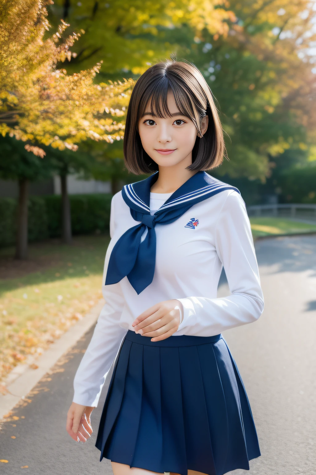 8K, Ultra-high resolution, Highest quality, masterpiece, 三分割法によるphotograph,Surreal, photograph, 1 girl, (:1.3), pretty girl, Cute face, Beautiful eyes in every detail, 細かくdetailedに,masterpiece,, One Girl:1.2, Japan Female Announcer,whole body,((detailedな布の質感, Cute long-sleeved blue sailor suit, Blue pleated skirt, White sailor collar)), (Beautiful views), Daytime, (School), Are standing, (Cute smile, Open your mouth), ,A carefree smile,Healing the heart,short hair,Looking at the audience、beauty,Long neck、Laugh a little、Please close your mouth and laugh、(((Ideal body type))),A-cup small breasts :2,、Portraiture:2、Perfect Anatomy、鮮明なdetailed、detailed、Surreal、Light and shadow,Strong light