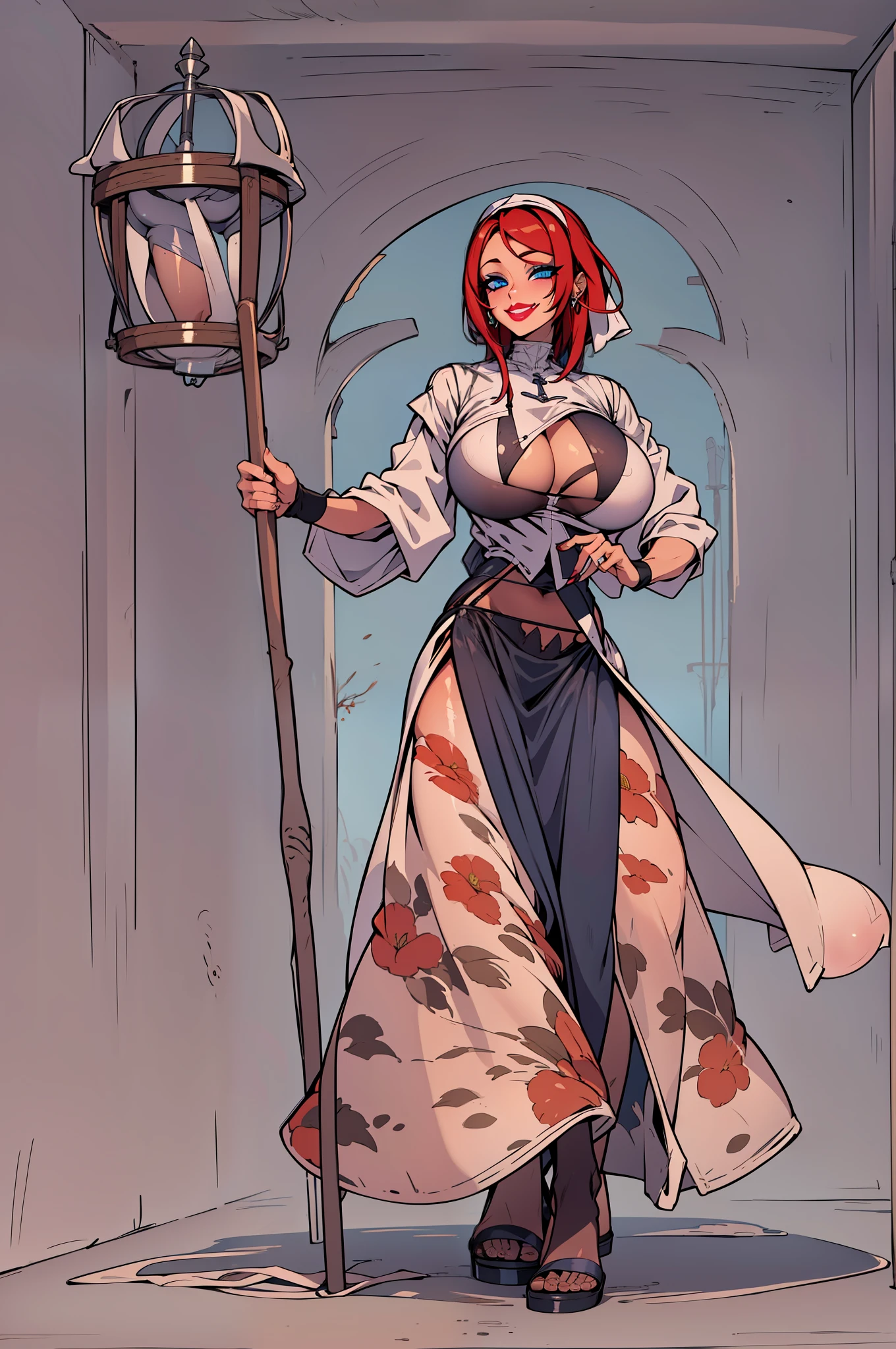 ,bimbo, slim waits, short hair, lipstick, wide hips, huge breasts, , huge breasts, milf,red hair, long hair, lipstick, makeup, , (blue eyes), perfect eyes, earrings, smiling, blushing, walking,*priestess, pullover, , walking flipflops, long skirt, medieval clothing, solo, floral crow, staff, wizard, full body, flipflops, medieval village, long robo, long skirt, big skirt, pants,Nun skirt, long skirt,alone, solo focus