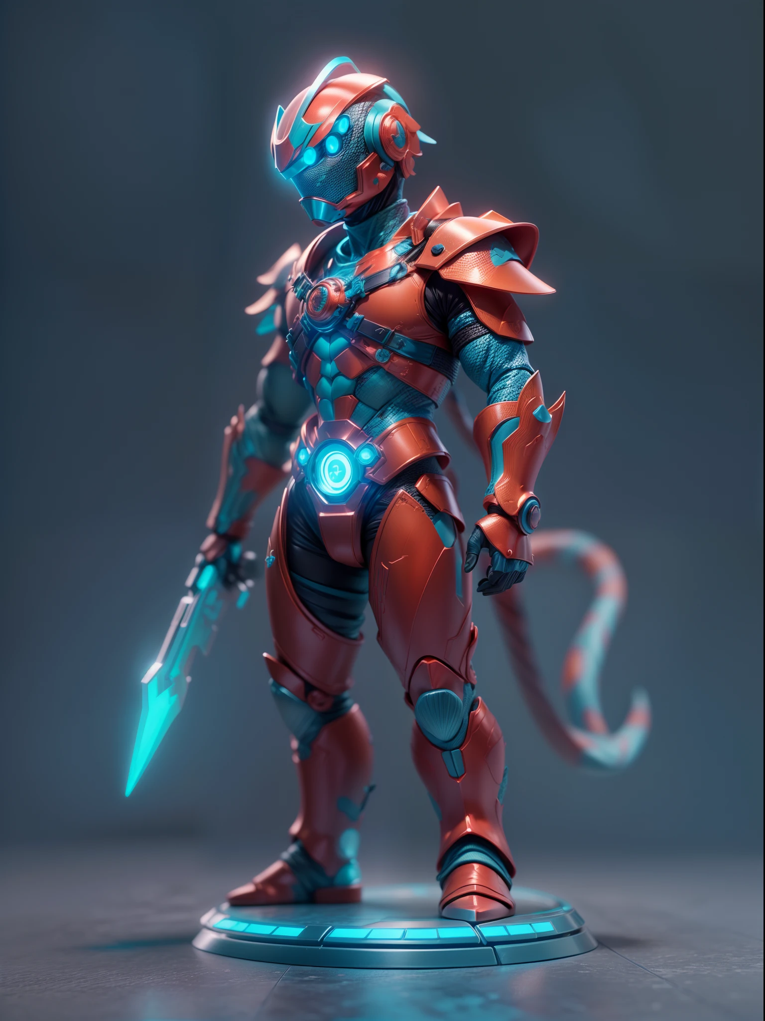 (Blind box toy style:1.3),((Full body shot))(anthropomorphism) , (1 strong snake metal warrior)(((solo))) metal armor,dreamy glow, Clean dark background,Red cyan style,(circular base)( Global illumination, Ray tracing, hdr, unreal render,reasonable design, high detail, Masterpiece, Best quality, hyper HD, Cinematic lighting)