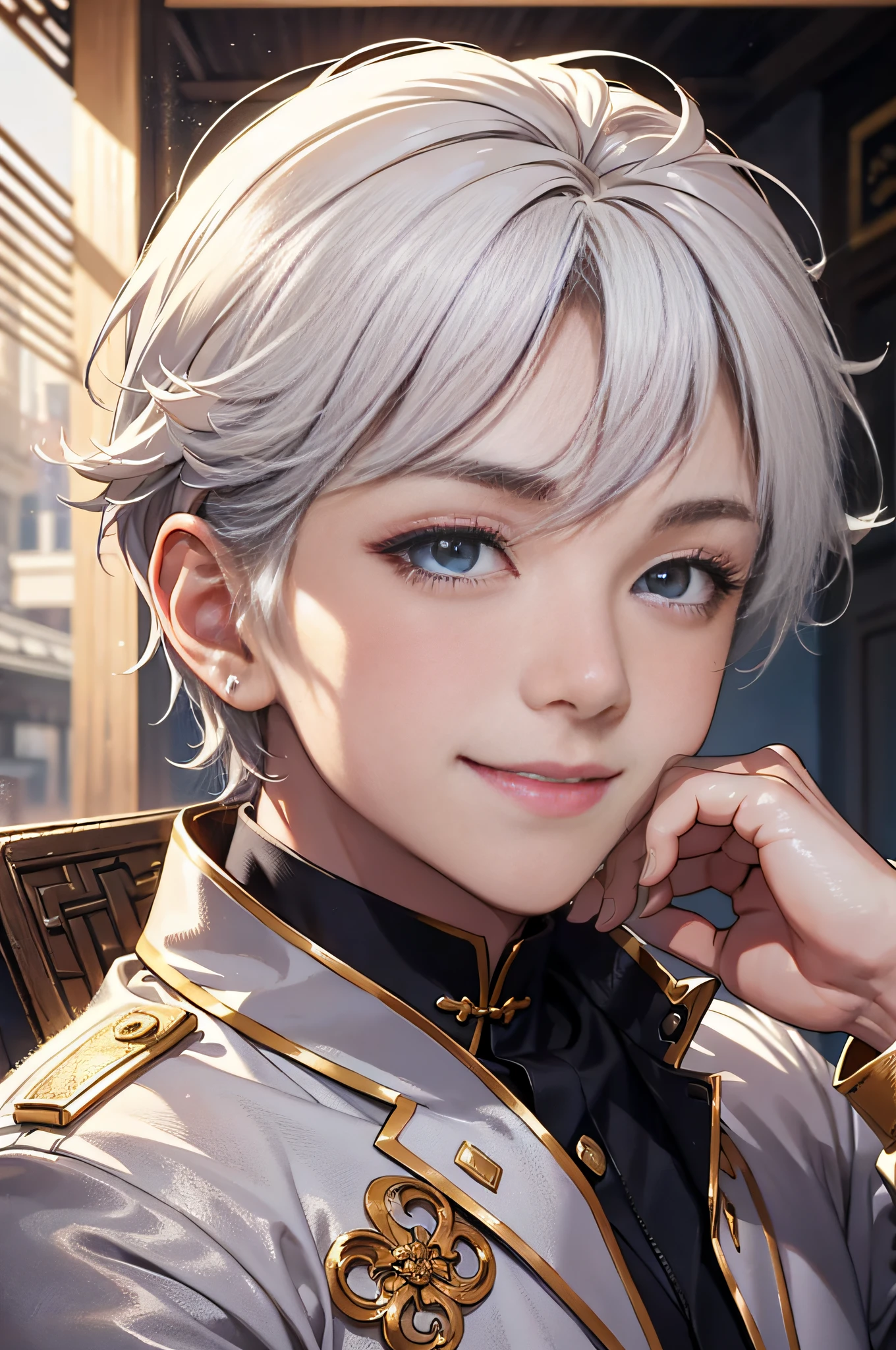 A high resolution,hyper-detailing,tmasterpiece,best qualtiy,A boy with,Close up to the face,Handsome,with short white hair,Smiling face,Delicate big eyes Chinese boy,Fine eyes and detailed face,lounge suit,Real shadows,Happy gestures,cheerfulness,rays of sunshine。