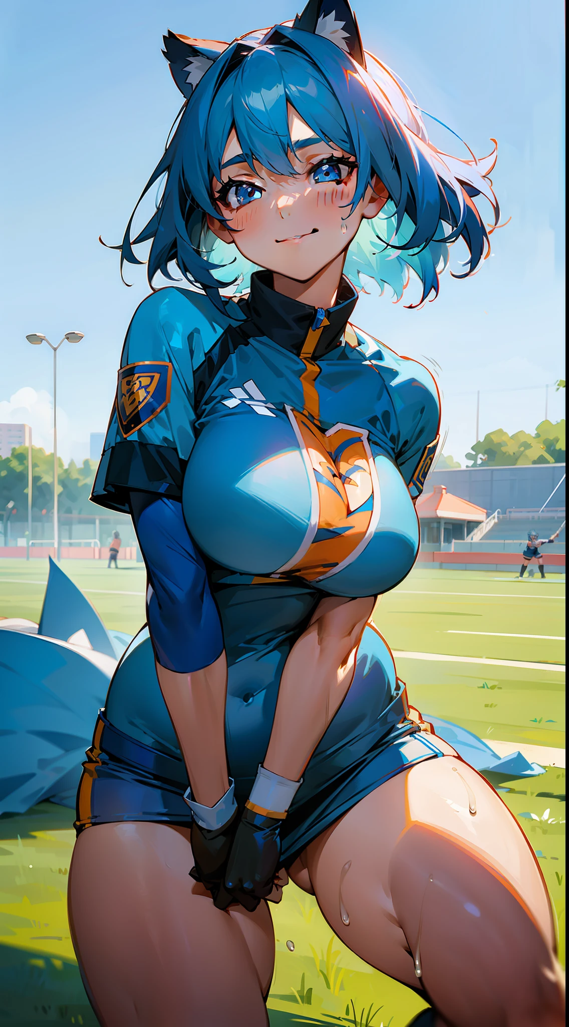 Blue-haired beautiful girl，Wearing a blue and white jersey of Tianjin Jinmen Tigers，The breasts are extremely large，Super big breasts，Thick thighs，Play soccer on the grass，Covered in sweat，With a smile，His face was flushed