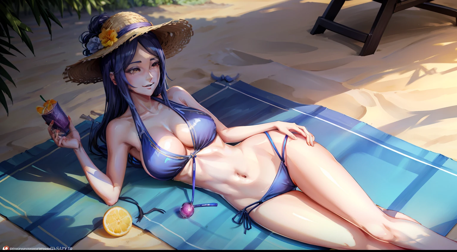 Xiaonan,blue hairs,Wearing a white bikini,Wearing a straw hat,with fair skin,On the feet are flip-flops,Lay on a beach chair,Colorful juice in hand,Large of breast,Deep cleavage,Smiling,perfect bodies,the golden ratio,Whole body diagram,Summer beach in the background,high qulity,high detal,