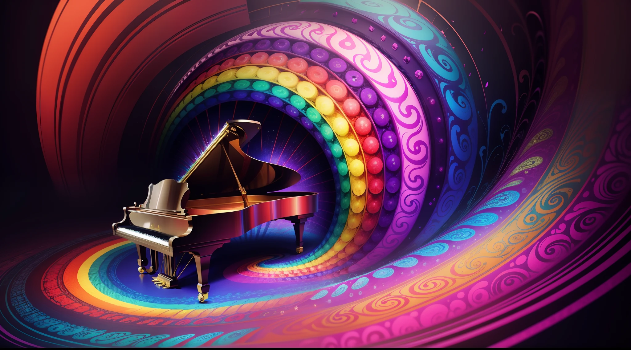 a grand piano with a colorful swirly design, very trippy and abstract, whimsical and psychedelic,