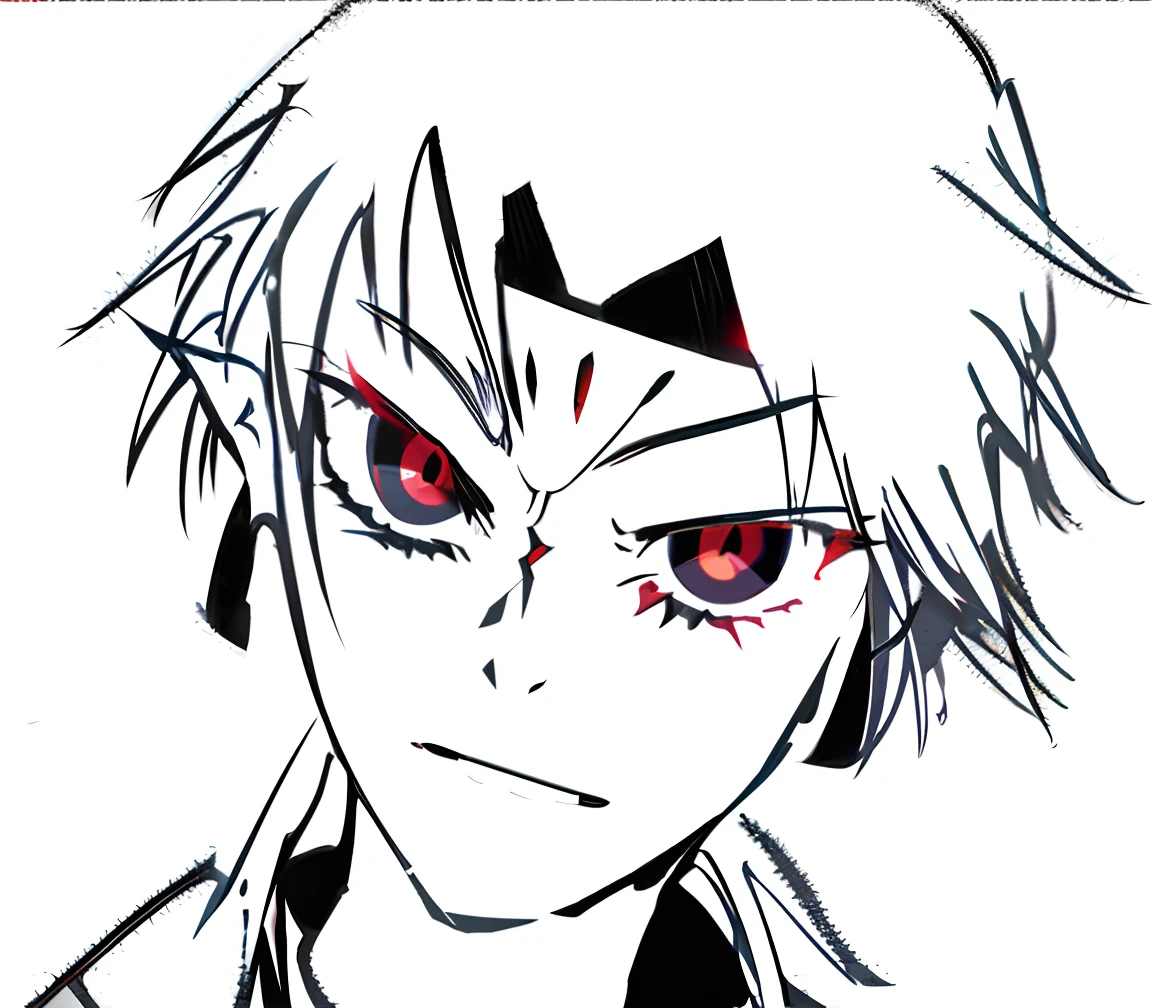 An anime manga of a man with red eyes and black and white background, highly detailed angry anime face, with red eyes, with glowing red eyes, Sharp red eyes, with red glowing eyes, fully red eyes, with a red eyes, Detailed anime face, Red eyes, his eyes are bleeding intense, ryuko matoi, demon slayer rui fanart, red - eyed