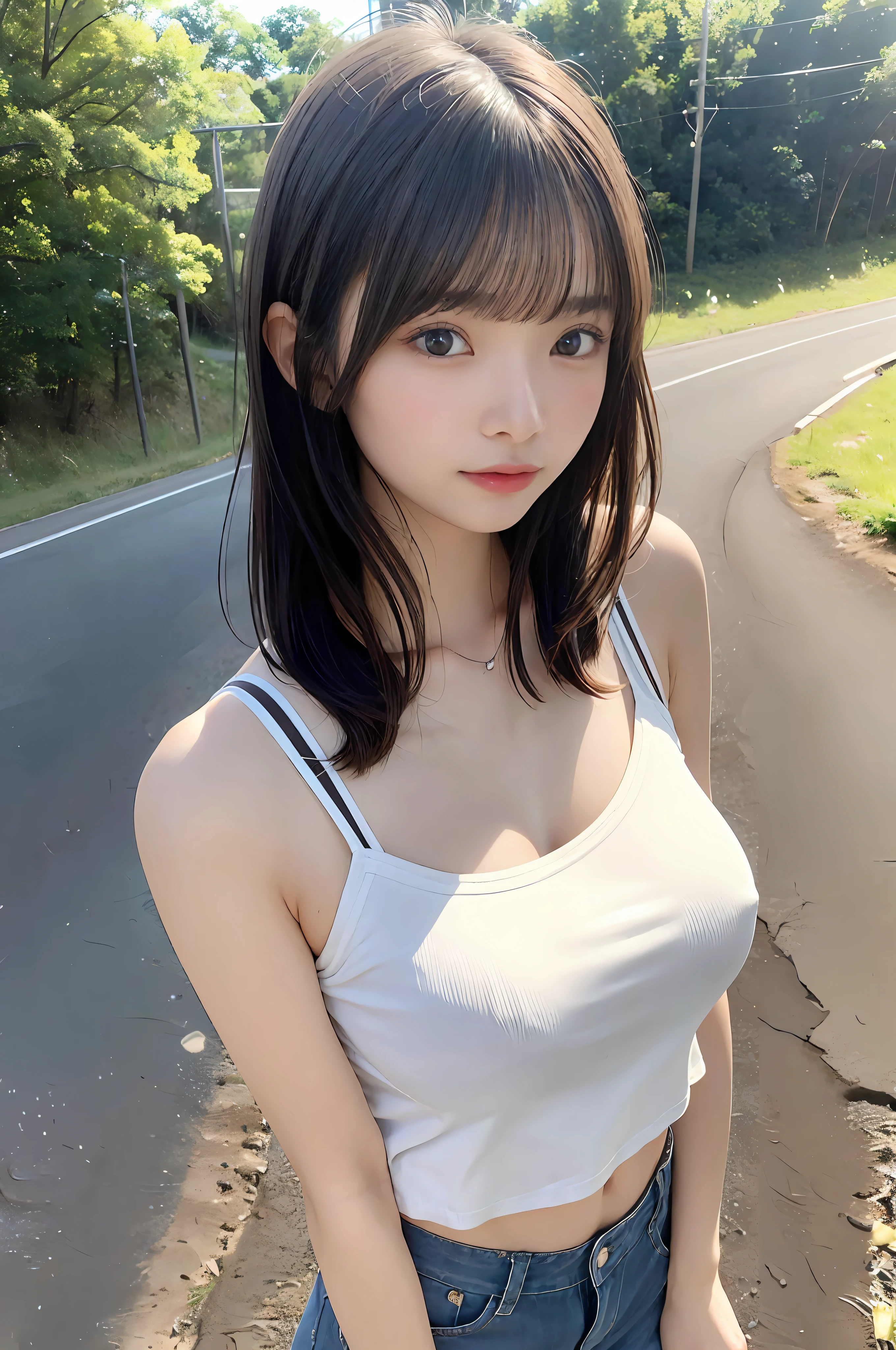 masterpiece, best quality, photorealistic, raw photo, DSLR, beautiful Japanese girl, -yeld, s, highly detailed fair skin, shiny skin, realistic face, beautiful face, no makeup face, (highly detailed realistic eyes), beautiful eyes, bright eyes, double eyelids, look at viewer, (black short hair), (dark short hair), bangs, disheveled hair, slim figure, slim face, big breasts, narrow thighs, thigh gap, ((white camisole, tight denim shorts, rural dirt road)), beautiful lighting, perfect lighting, realistic shadows, highly detailed, highly delicate and beautiful, ultra high resolution, 8k UHD wallpaper,