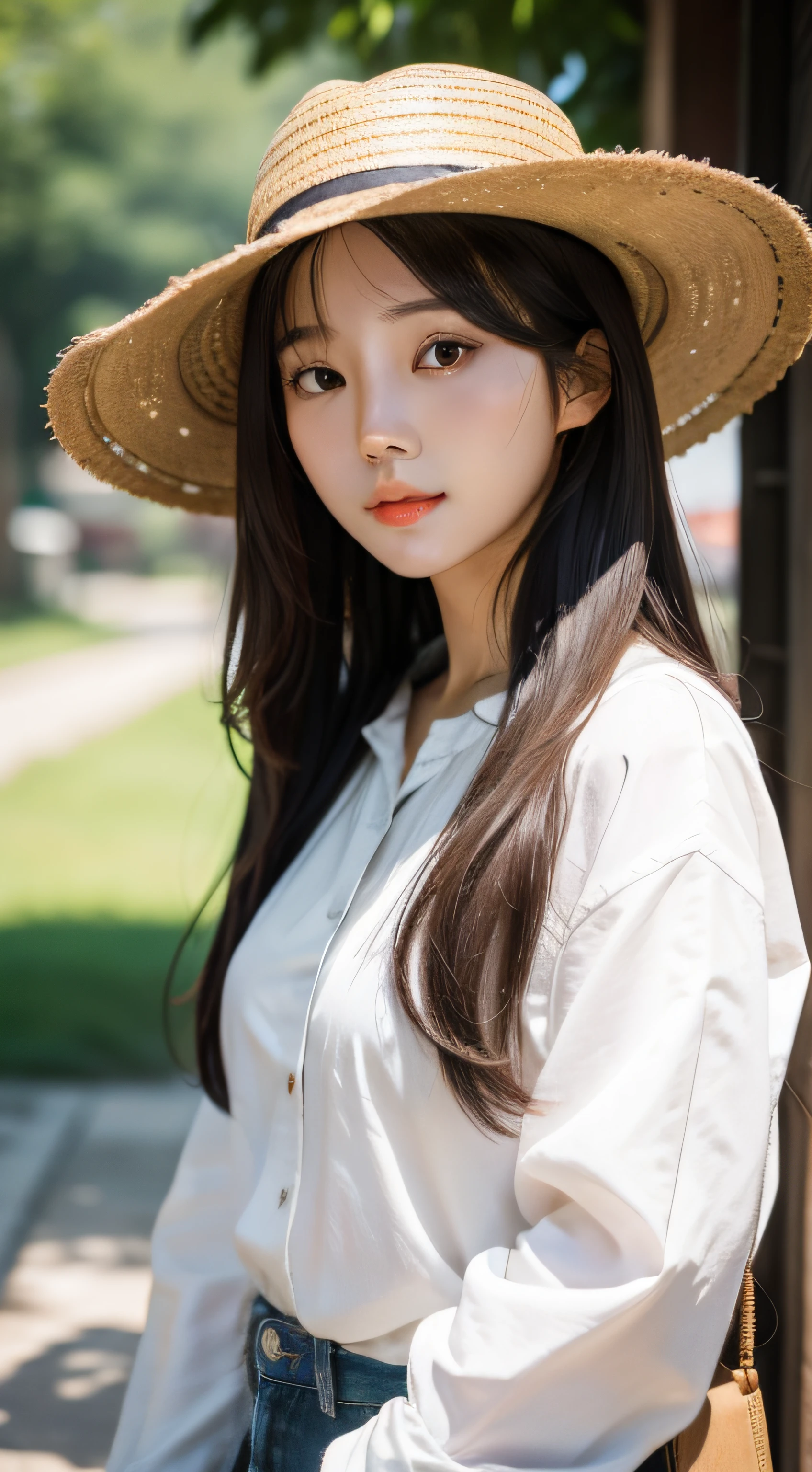 Long haired woman in straw hat and white shirt, Realism, Gorgeous young Korean woman, Asian girl with long hair, Beautiful young Korean woman, ulzzangs, beautiful Korean women, young cute wan asian face, Korean girl, young lovely Korean faces, Beautiful Asian girl