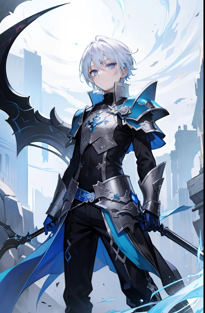 A boy with mesmerizing white hair and striking blue highlights, enchanting silver eyes, donned in the awe-inspiring armor of a chaos lord, expertly wielding a scythe.