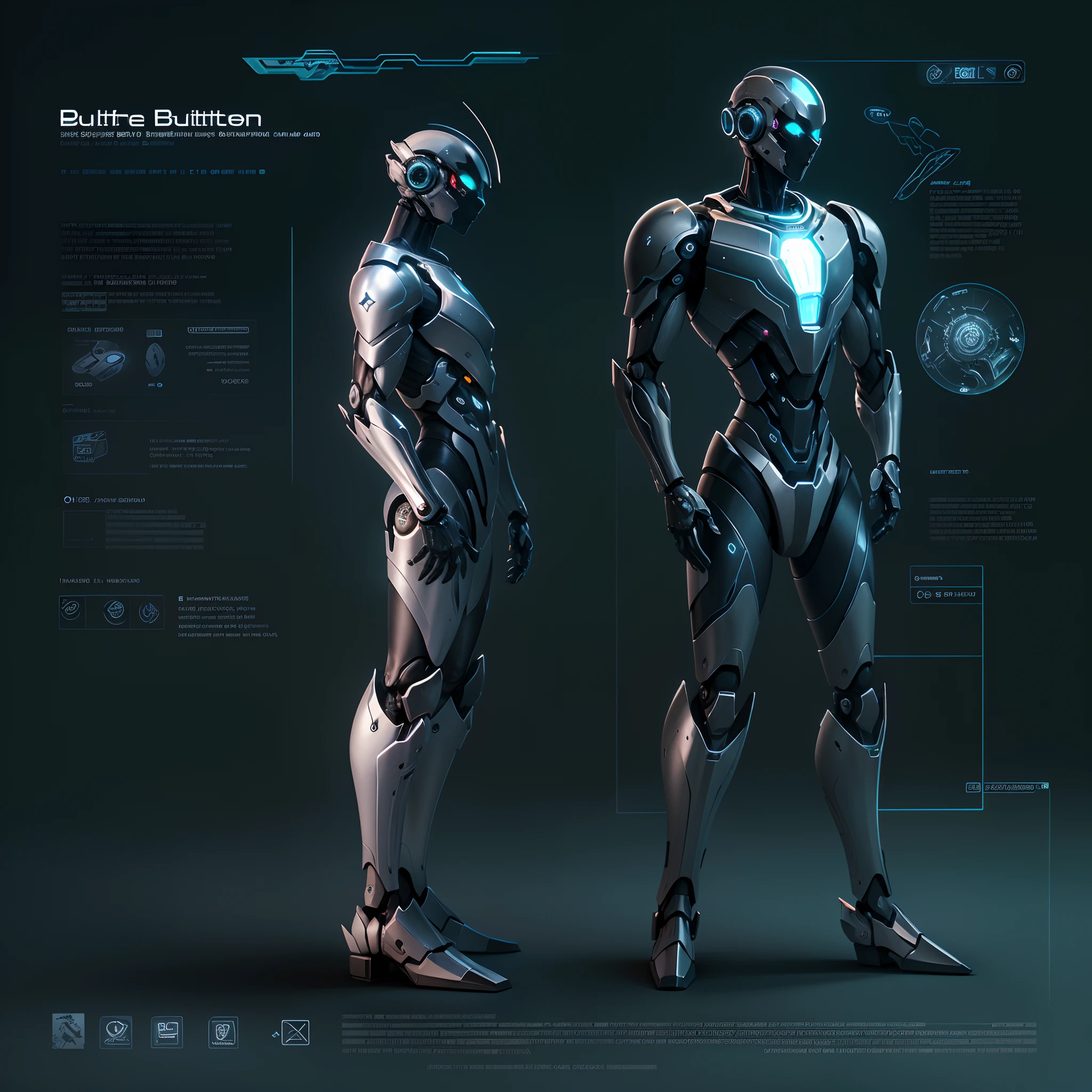 Located in front of the display floats a humanoid intelligent butler, the details are described as mechanical, smooth lines, skin and armor are a fusion color theme tone, the display background is dark, the transparency gradient, the lighting is slightly dim, giving a futuristic and technological visual effect.
