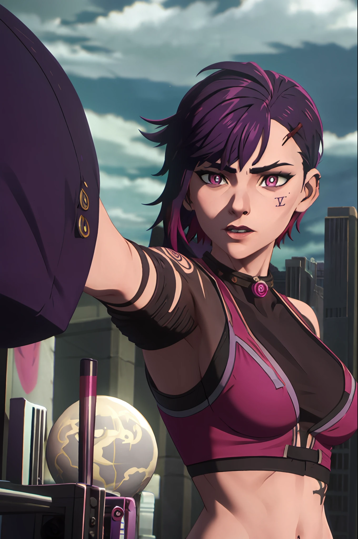 arcane style,

1girl, arm tattoo, asymmetrical bangs, bangs,   purple hair, short hair, Sports bra, colorful jacket, cloud tattoo, looking at viewer, brave look, night, city, violet hair, short hair, midriff, pink eyes, red lips, shirt, solo, standing, tattoo, hair clip, upper body, arcane jinx, jinx \(league of legends\)