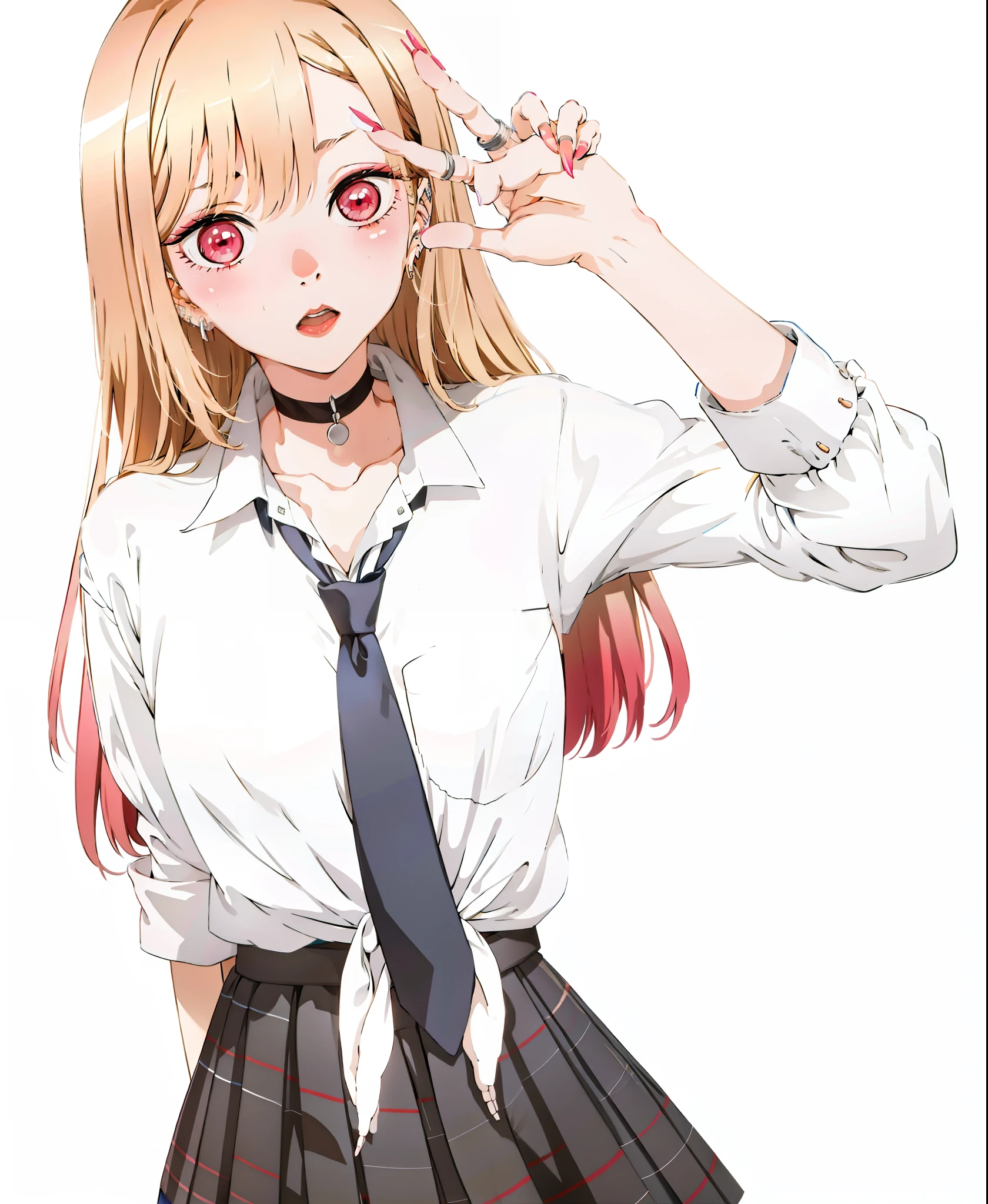 1girl,  Marin Kitagawa, long hair, blonde hair, red eyes, piercing, earrings, ear piercing, stud earrings, black choker, loose necktie,  school uniform, white collared shirt, blue skirt, pleated skirt, plaid skirt, wrist scrunchie, long fingernails, pink nails, nail art,  (masterpiece:1.2), highres, best quality, 8k, very clear,