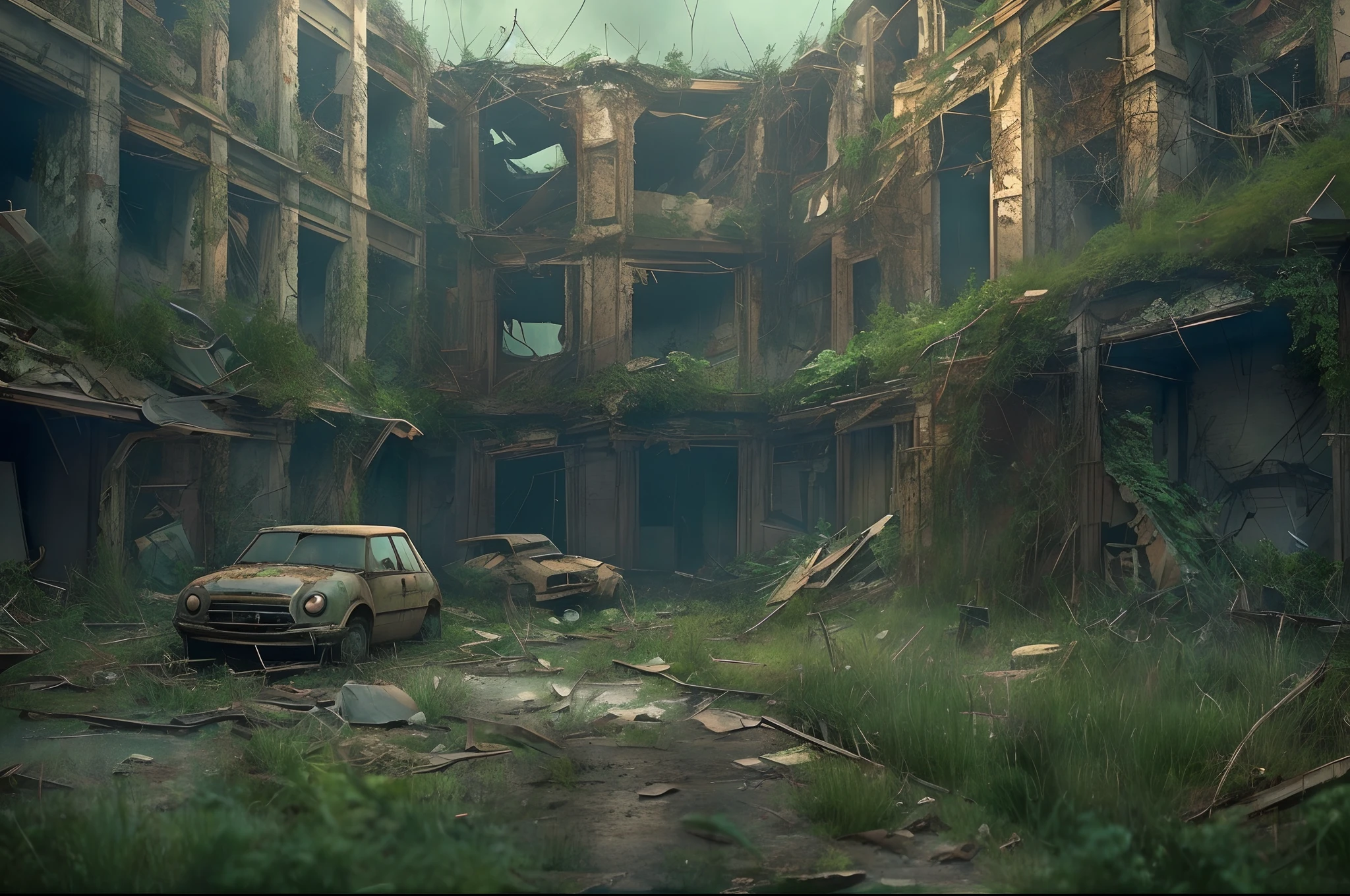 "Abandoned City, post-apocalyptic scenery, desolate and eerie atmosphere, crumbling buildings, overgrown vegetation, hauntingly beautiful, dramatic lighting, scattered debris, a sense of mystery and melancholy."