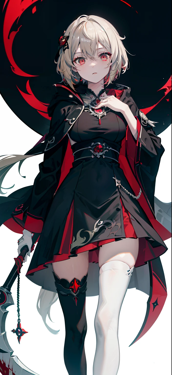 style of anime，Best quality, Masterpiece, The is very detailed，A close-up of a girl，blond hairbl，Single horsetail，With gray eyes，Black dress robe，White cloak，white stockings，nipple tassels，trinkets，Girl body type，long leges，smallunderboob，saintess，She held a black-red scythe in her hand，The gaze is cold，The contrast is cute，Background blood red