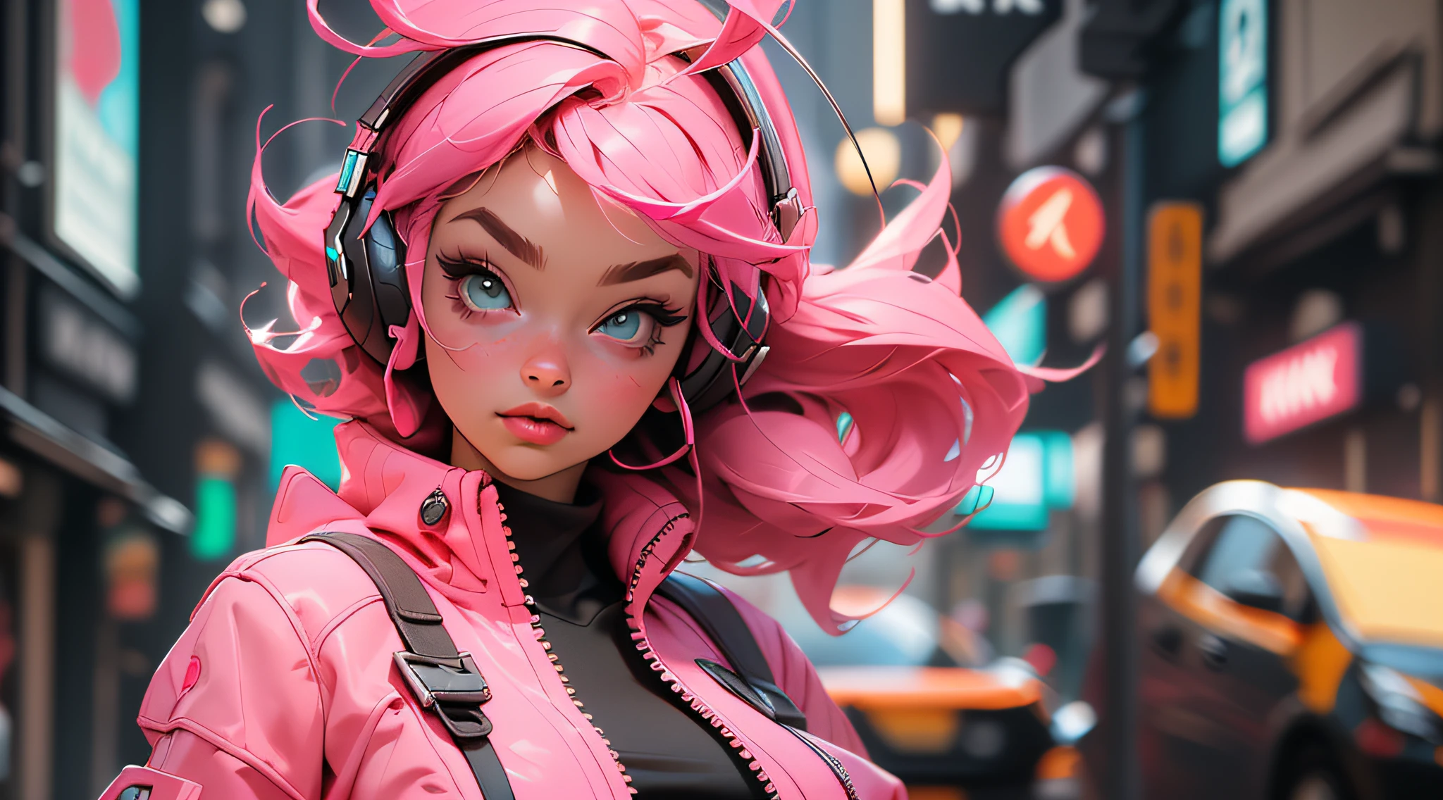 ((Best quality)), ((masterpiece)), ((realistic)) and ultra-detailed photography of a 1nerdy cute girl with neon headphones, She has ((pink hair)), is wearing an pink techwear jacket, and exudes a ((beautiful and aesthetic)) vibe,(big boobs),(erect,sexy,