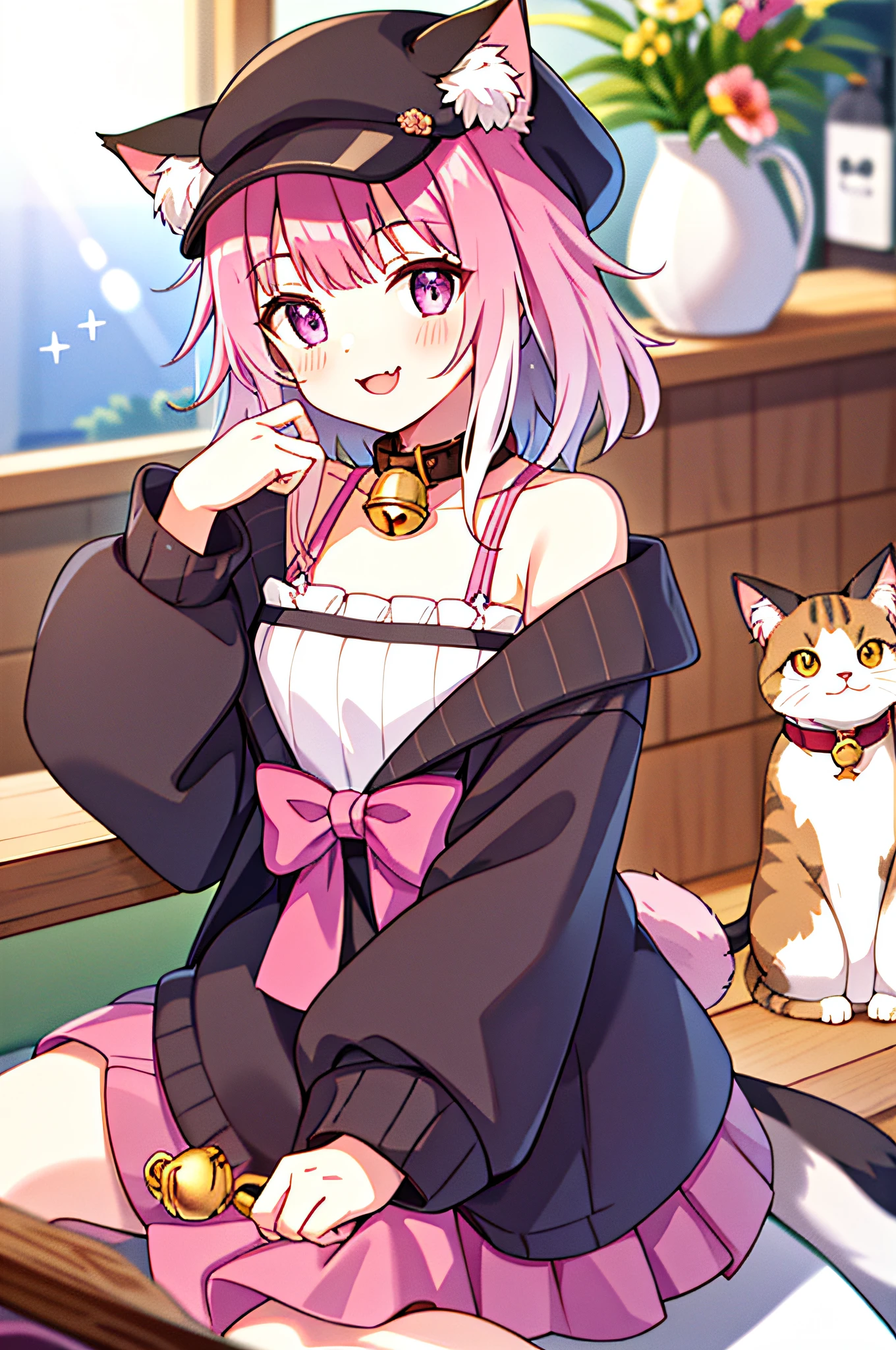 1girl, :3, animal, animal_ears, animal_on_lap, animal_on_shoulder, bell, book, bow, brown_headwear, cafe, calico, cat, cat_ears, cat_girl, cat_hat, cat_on_head, cat_teaser, chair, chen, chomusuke, clothed_animal, collar, cup, dog, fang, flower, flower_pot, glint, hat, indoors, jingle_bell, kaenbyou_rin, leaning_forward, lens_flare, looking_at_viewer, maneki-neko, miqo'te, mouse, mug, multiple_tails, neck_bell, nekomata, off_shoulder, open_mouth, pink_flower, pink_hair, plant, potted_plant, purple_eyes, purple_flower, ribbed_sweater, saucer, smile, sparkle, stuffed_cat, sweater, table, tail, tail_bow, tail_ornament, tail_raised, tea, teacup, teapot, two_tails, vase, whiskers, white_cat, white_sweater