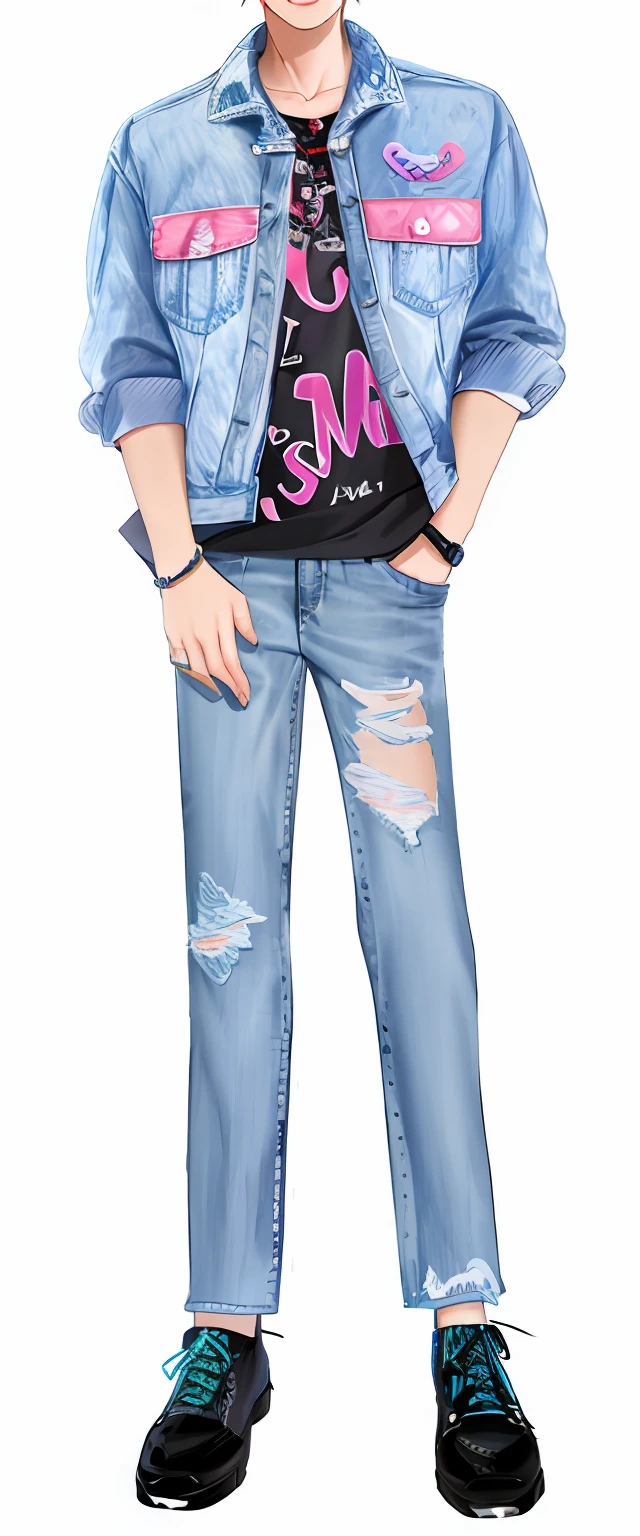 Alafeld painted men in denim jackets and jeans, ( ( ( Wearing jeans ) ) ), kawaii shirt and jeans, imvu, inspired by Sim Sa-jeong, !!Full body portrait!!, Screenshot of fashion game, inspired by Adam Dario Keel,