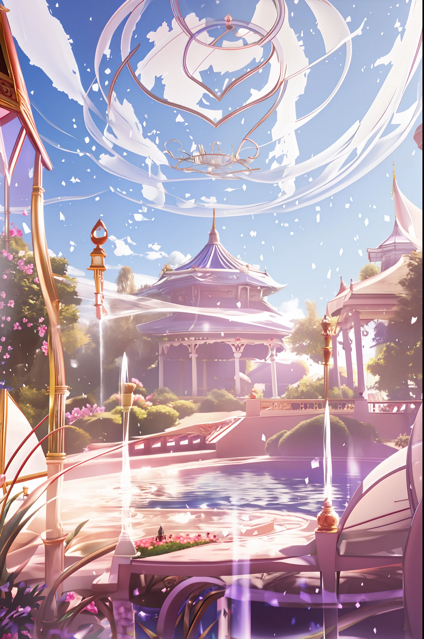There is a large garden with a gazebo and fountain, beautiful render of a fairytale, palace background, fairy tale style background, illusory engine ; romantic motifs, anime beautiful peace scene, stunning arcanum backdrop, beautiful anime scenes, stuning fantasy 3 d render, palace floating in heaven, Anime background art, dreamy and detailed, beautiful anime scenery