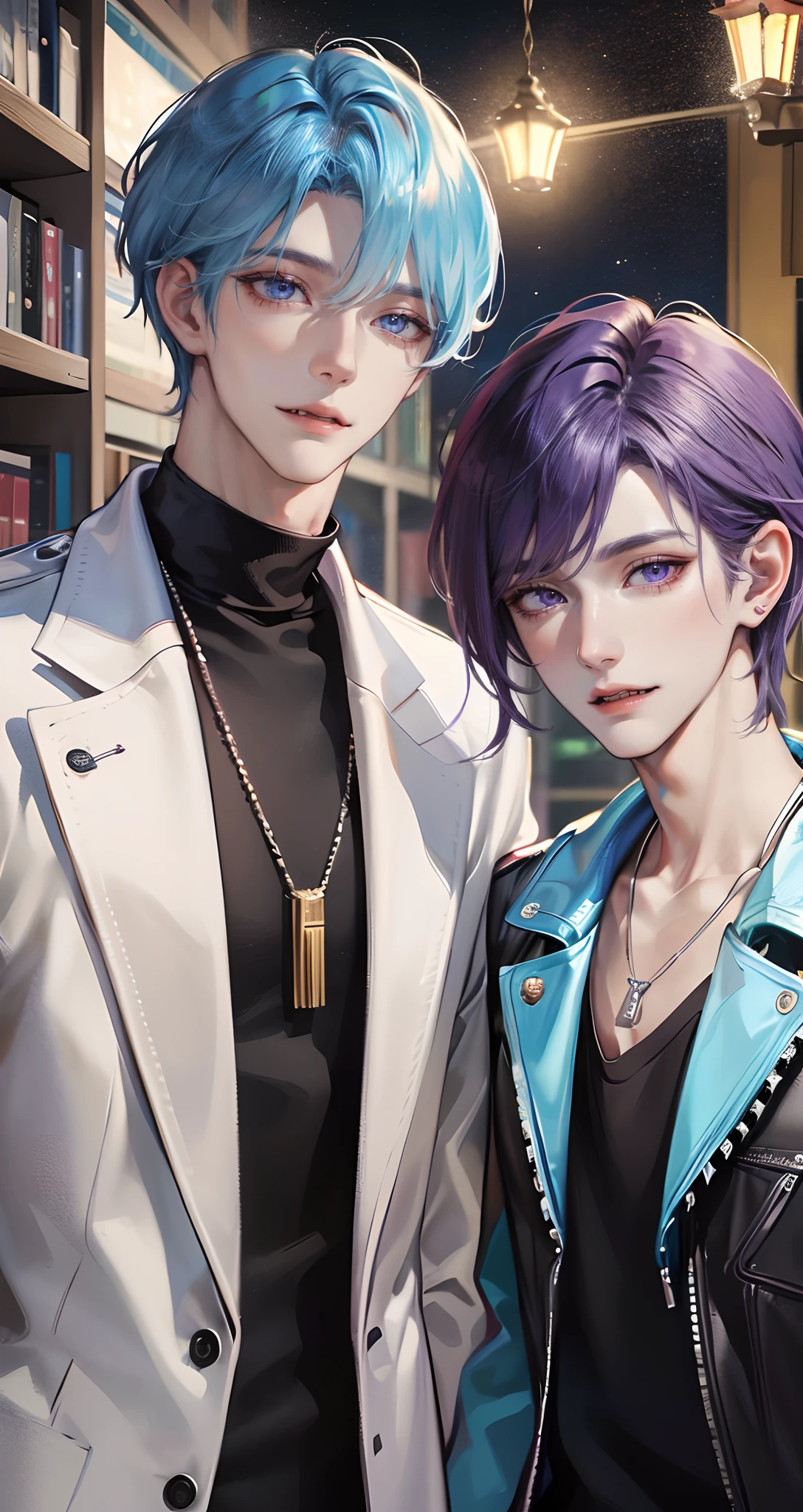​masterpiece, top-quality, 2Others, Male couple, 1 man and 1,, Adults, Height difference, different fashion, different color, finely eye and detailed face, intricate detailes, Casual clothing, Oversized shirt, Modern urban streets, A smile, Happiness, tenderness, queers, high-level image quality、 Two beautiful men、tall、The upper part of the body、nightfall、nighttime scene、𝓡𝓸𝓶𝓪𝓷𝓽𝓲𝓬、Korean Male, Idol Photos, k pop, Professional Photos, Vampires, Korean fashion in black and white, Fedoman with necklace, inspired by Sim Sa-jeong, androgynous vampire, :9 detailed face: 8, extra detailed face, detailed punk hair, ((eyes are brown)) baggy eyes, Seductive. Highly detailed, semi realistic anime, Vampires, hyperrealistic teen, delicate androgynous prince, imvu, short hair above the ears, Man with short hair, Purple-haired man with a glaring expression and a man with light blue hair with a gentle expression, With a short-haired man with bright purple hair, Man with light blue hair