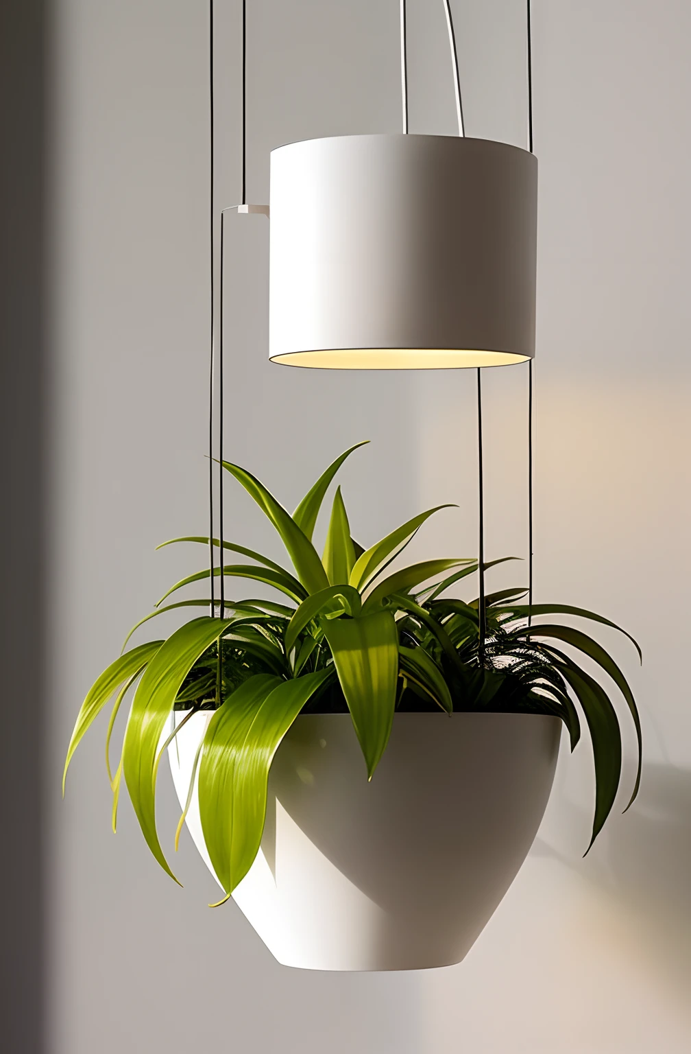 Close-up of plants hanging from hanging pot, Indoor light, famous designer lamp, minimalist lighting, Nice lighting, Hanging plants, Pleasant lighting, Indoor lighting, shaded lighting, contrast side light, lush lighting, stylish lighting, Unique pots made for houseplants, Modern lighting, with backlight, potted plant, natural indoor lighting,Nice lighting,Dark environment,The lamp is centered with the pot