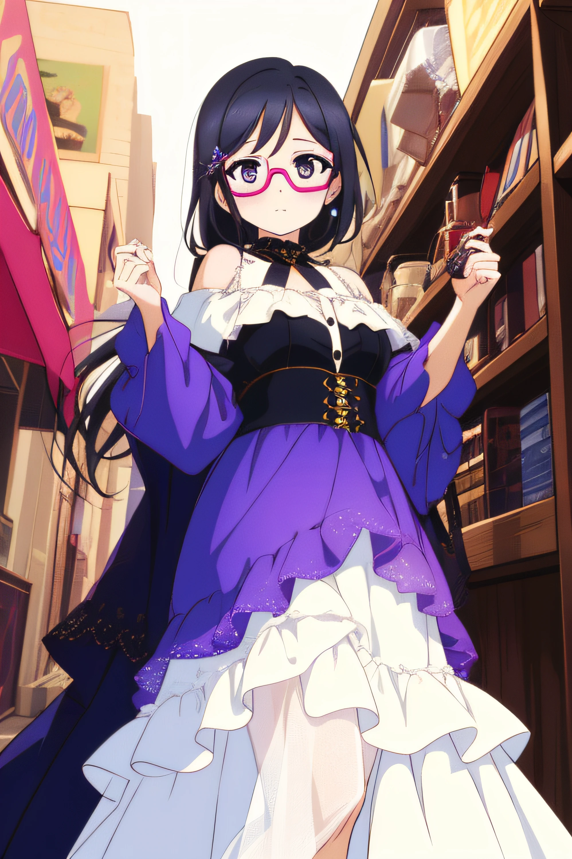 "1girl, with elegant black hair, dressed in a stunning purple off-shoulder gown. She wears fashionable blue glasses and has a cute and shy expression in her striking black eyes. The artwork is an 8K masterpiece, boasting high resolution and impeccable detail."