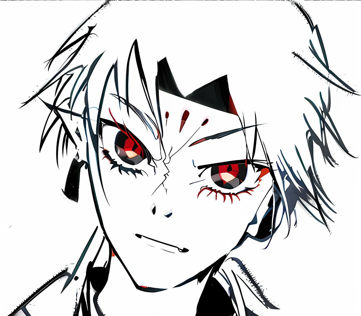 Anime characters with red eyes and black hair on white background, highly detailed angry anime face, with red eyes, with glowing red eyes, Sharp red eyes, fully red eyes, with red glowing eyes, with a red eyes, red - eyed, Red eyes, Bright red eyes, his eyes are bleeding intense, red - eyed, trigger anime artstyle, Detailed anime face