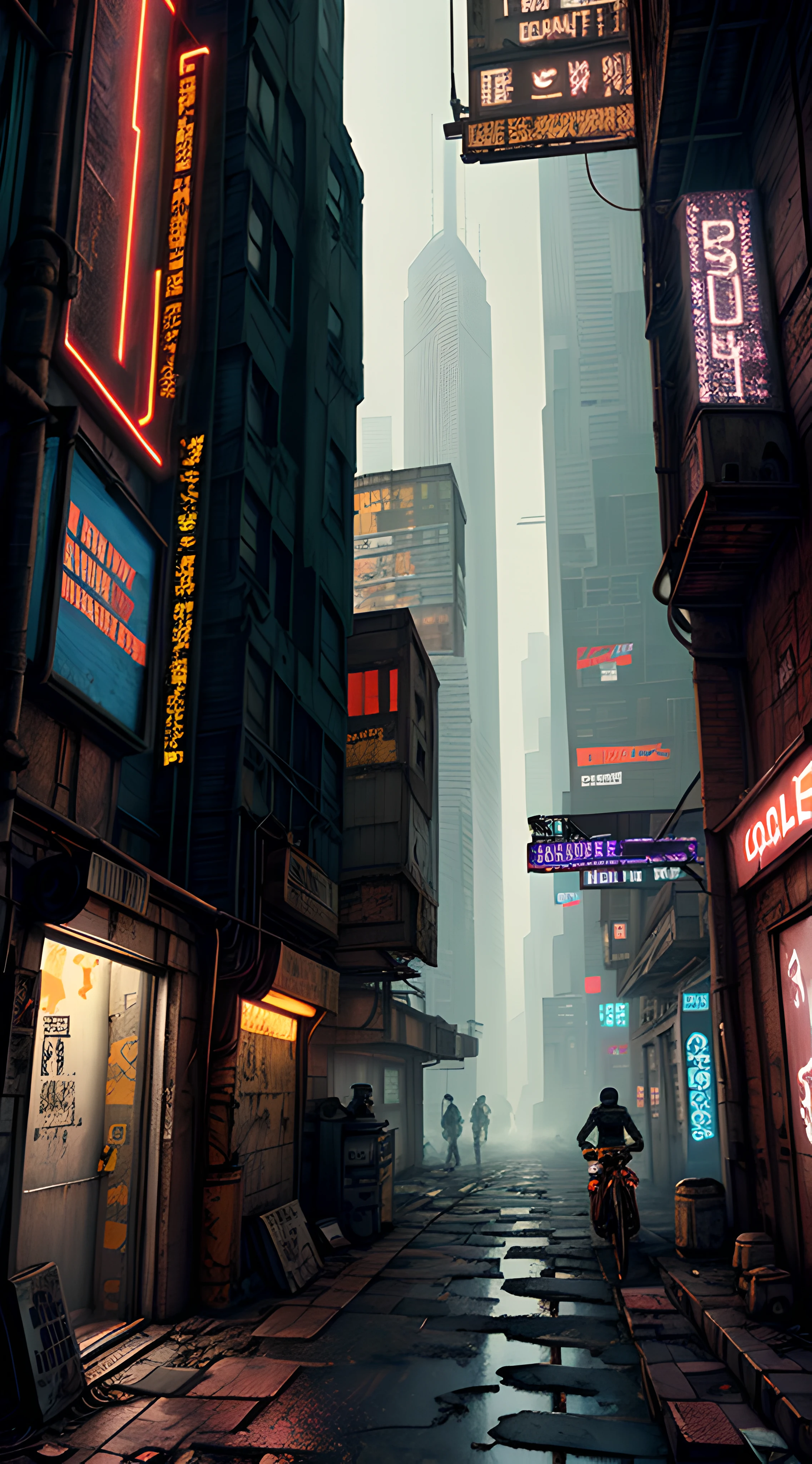 an aged, narrow alleyway in a futuristic city, framed by towering skyscrapers adorned with holographic advertisements; the alleyway is dimly lit, with rusted pipes and cracked pavement, contrasting the high-tech surroundings (Beeple-inspired:1.2) (grunge:1.1) (retro-futurism:1.1) (contrasts:1.2) (gritty ambiance) (vintage tones) (urban decay) (digital graffiti) (cyber-relics)