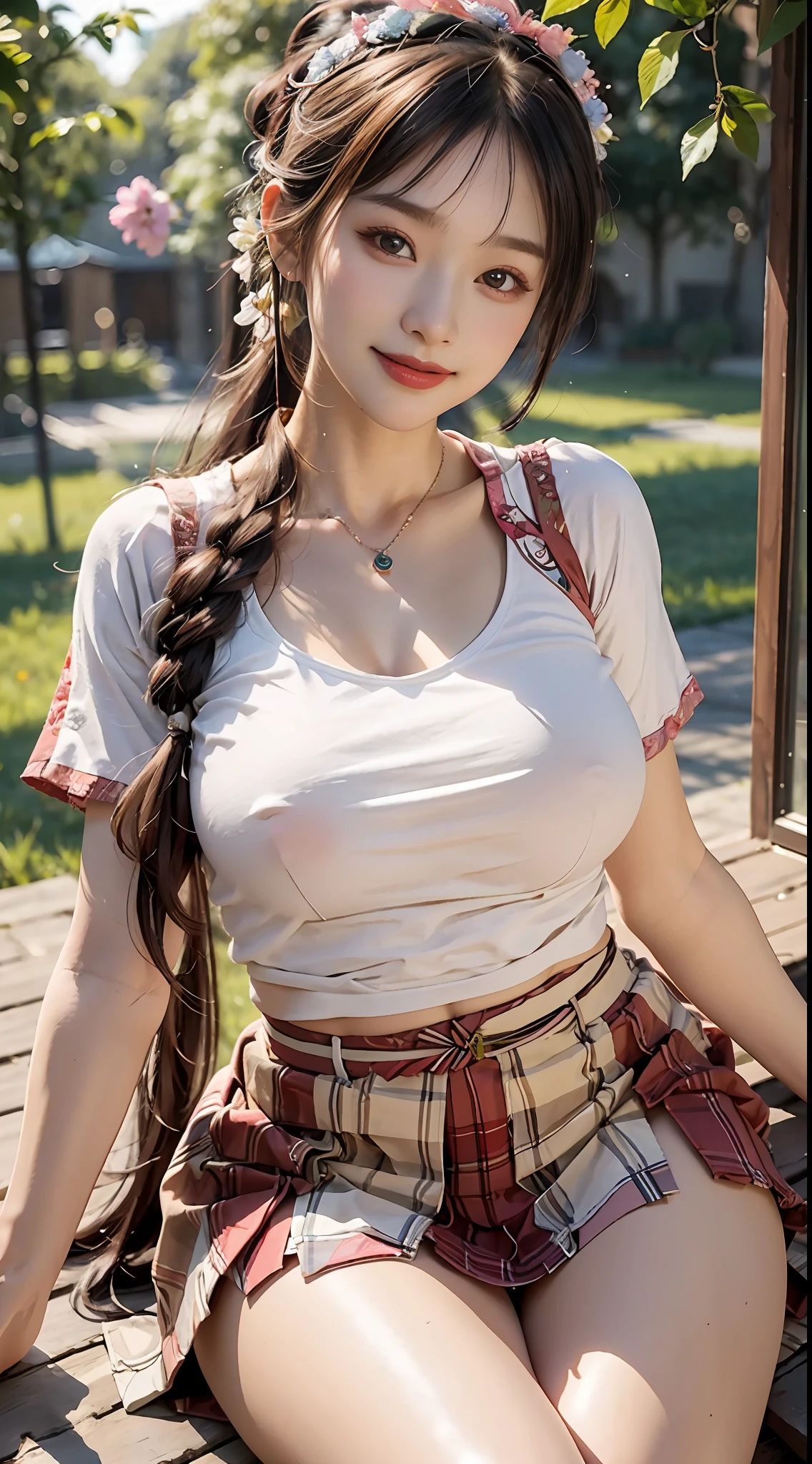 Masterpiece, Best quality, A high resolution, 超A high resolution,Real, Photorealistic,1 female,Morning,Natural lighting,view the viewer,Outdoor,full bodyesbian,Headband,Smile,chinese clothes style,tee shirt,Pleated skirt,grassy fields,the cherry trees,Plump body,Oval face,High ponytail,Long hair,details eyes,lipstick,Huge breasts,Medium Waist,medium thigh