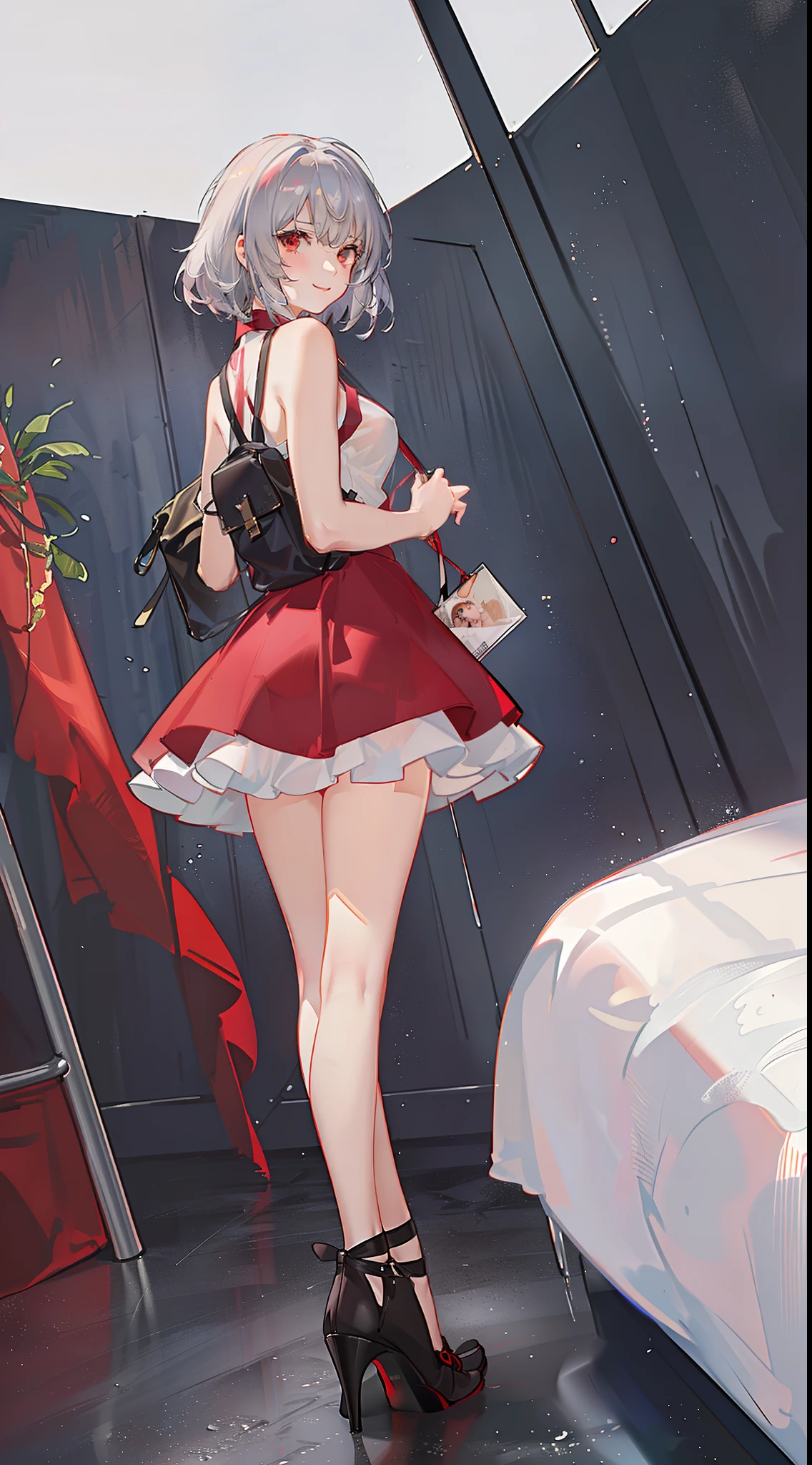 young girl, short gray hair, red-eyes, white tanktop, Upskirt, ssmile, backpack, stocklings, Masterpiece, hiquality