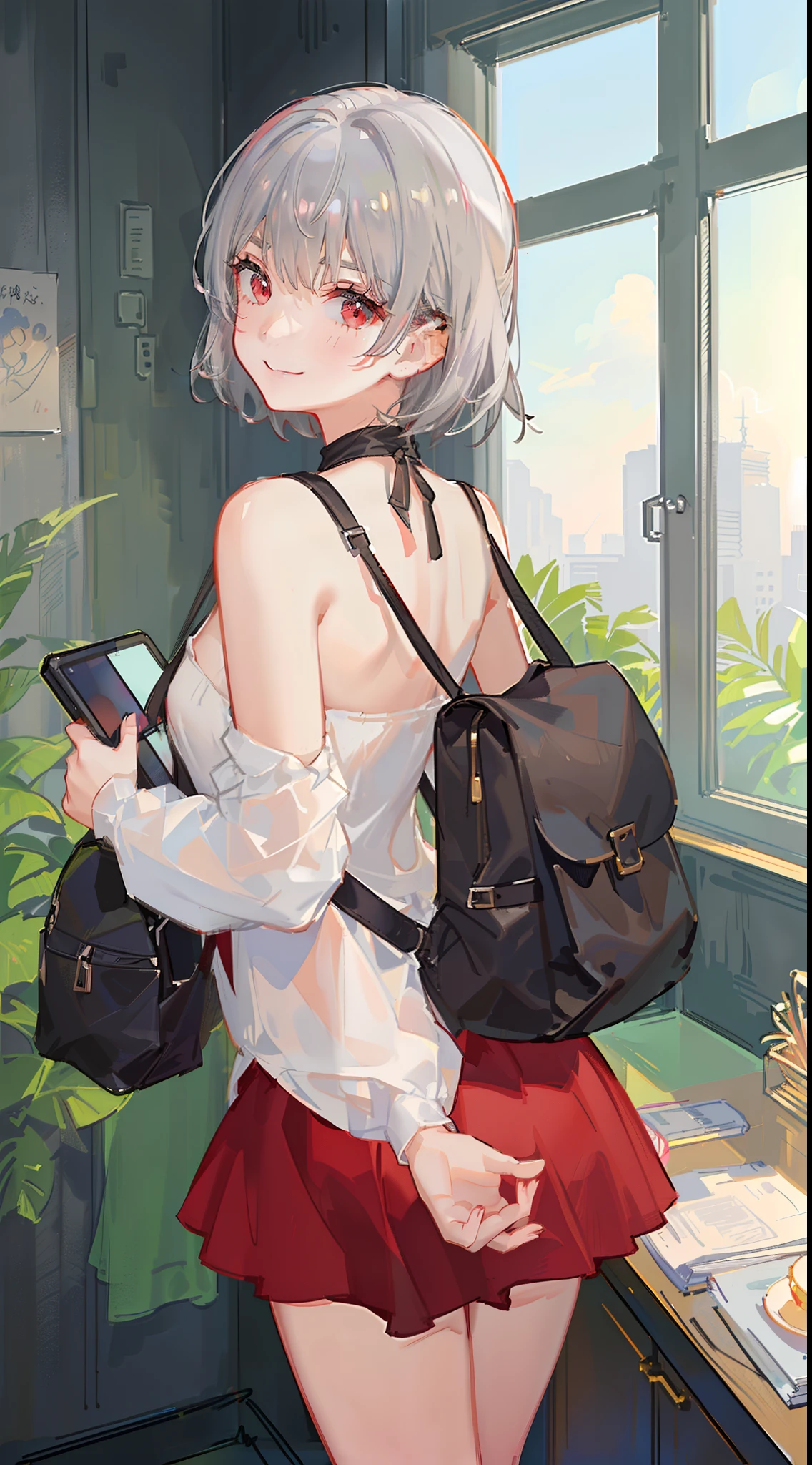 young girl, short gray hair, red-eyes, white tanktop, Upskirt, ssmile, backpack, stocklings, Masterpiece, hiquality