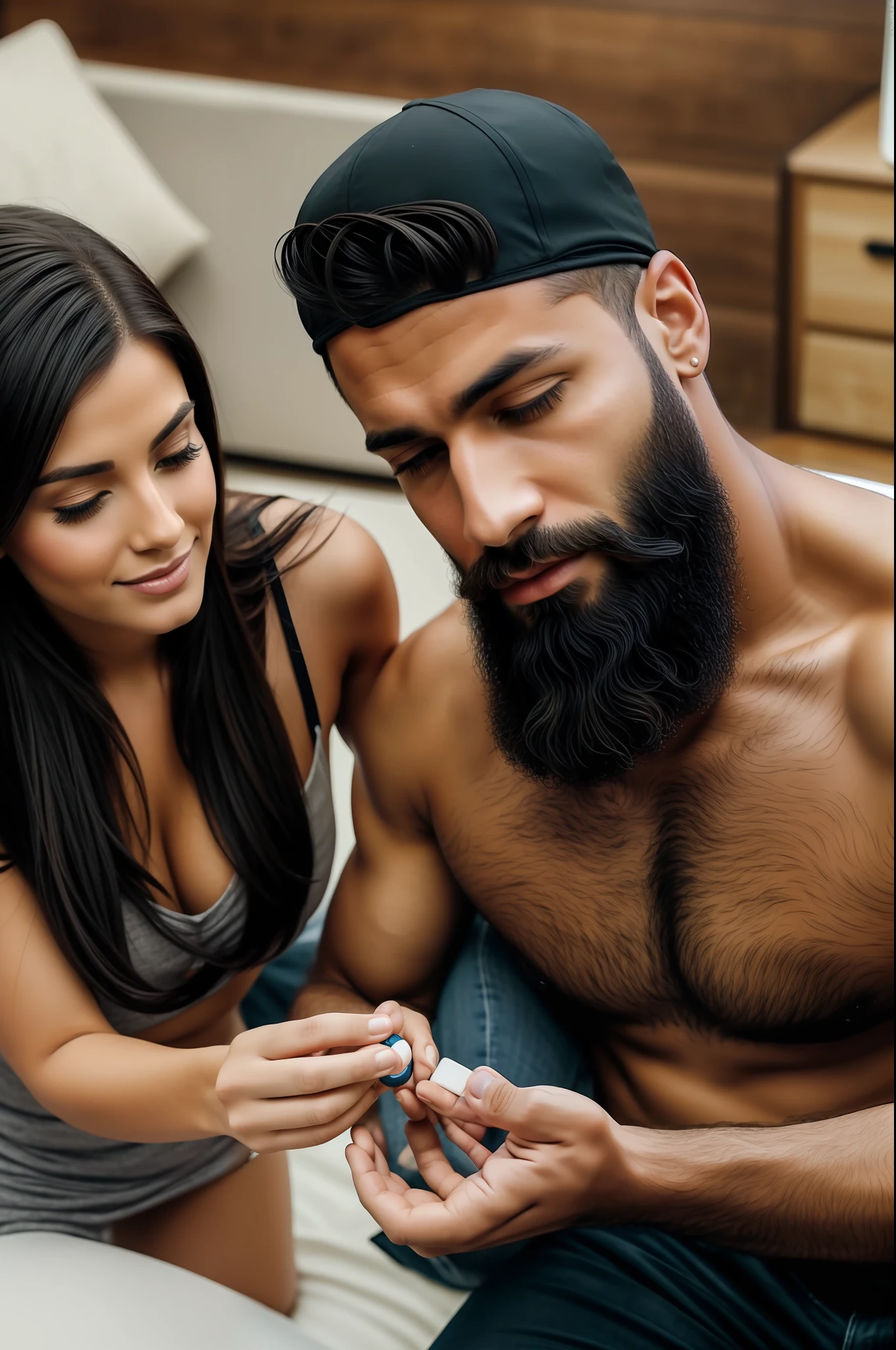 A man with a beard is taking  enhancement pills with woman
