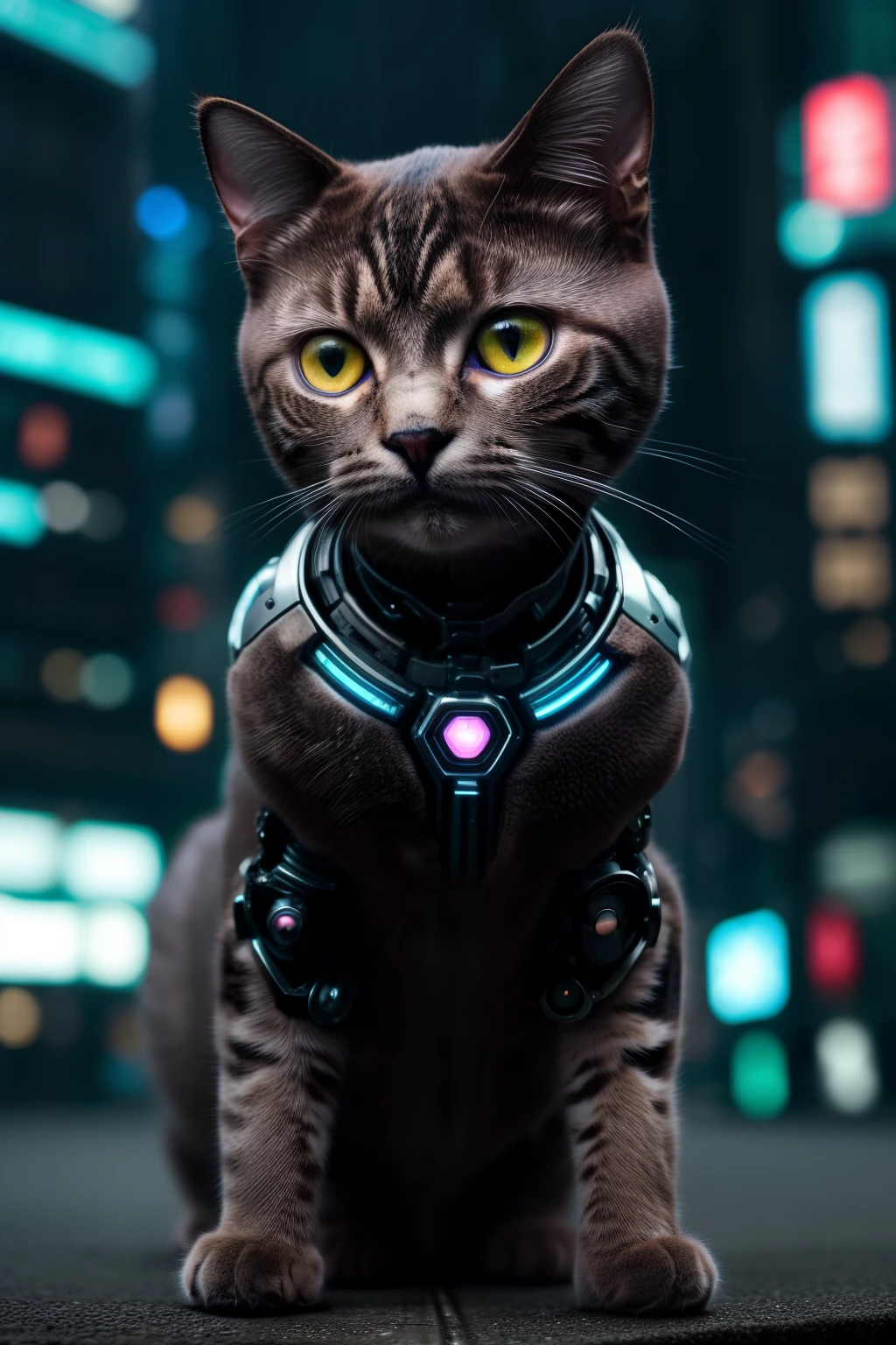 RAW Photos、Cute cat made of metal、cyborgs、Cyberpunk style、((intricate-detail))、hdr、((intricate-detail、hyperdetails))、Cinematic shots、vignettes、(High Detailed Skins:1.2)、8k uhd、Digital SLR、hightquality、Film particles、FUJIFILM XT3