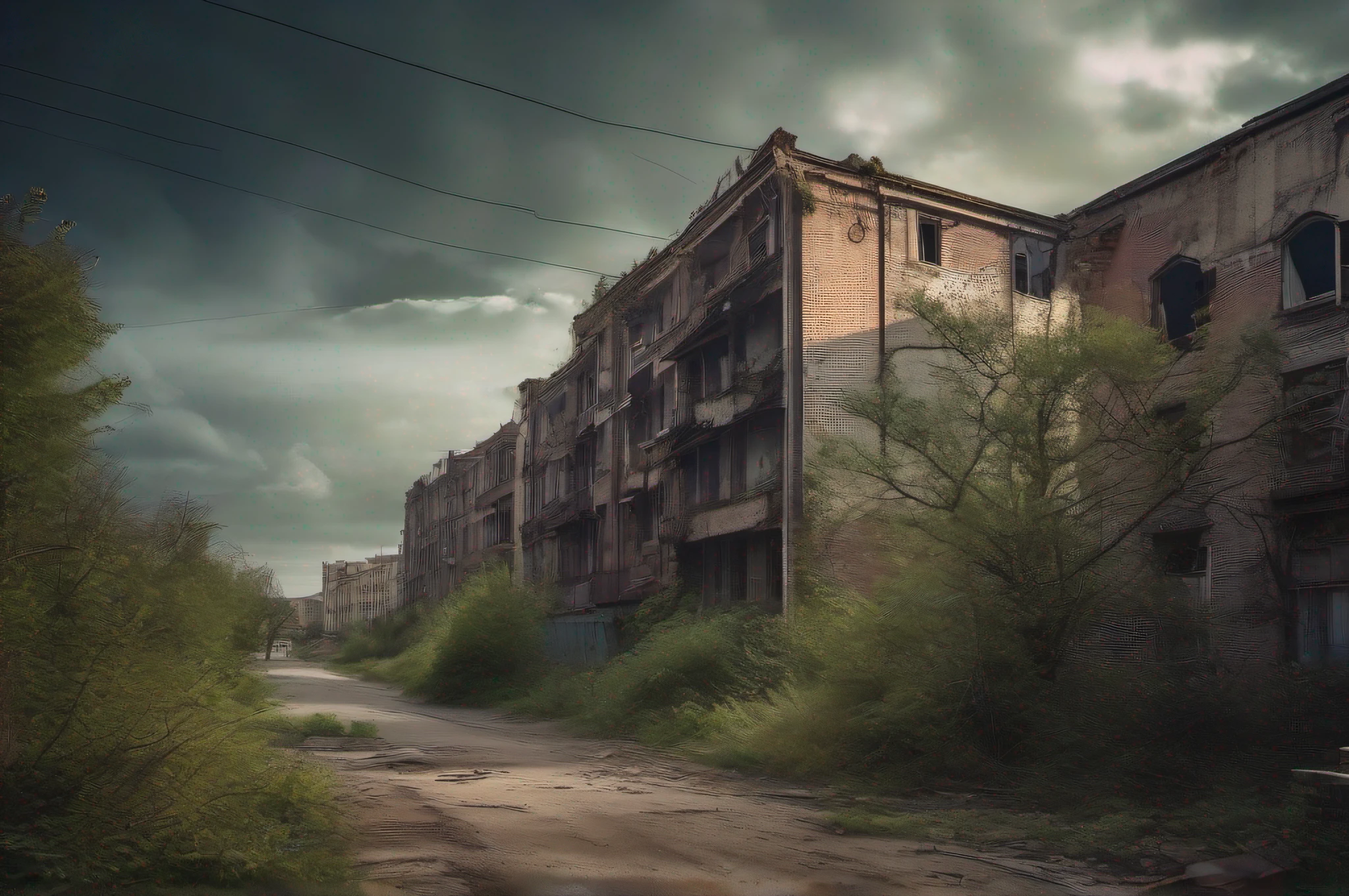 "Abandoned City, post-apocalyptic scenery, desolate and eerie atmosphere, crumbling buildings, overgrown vegetation, hauntingly beautiful, dramatic lighting, scattered debris, a sense of mystery and melancholy."