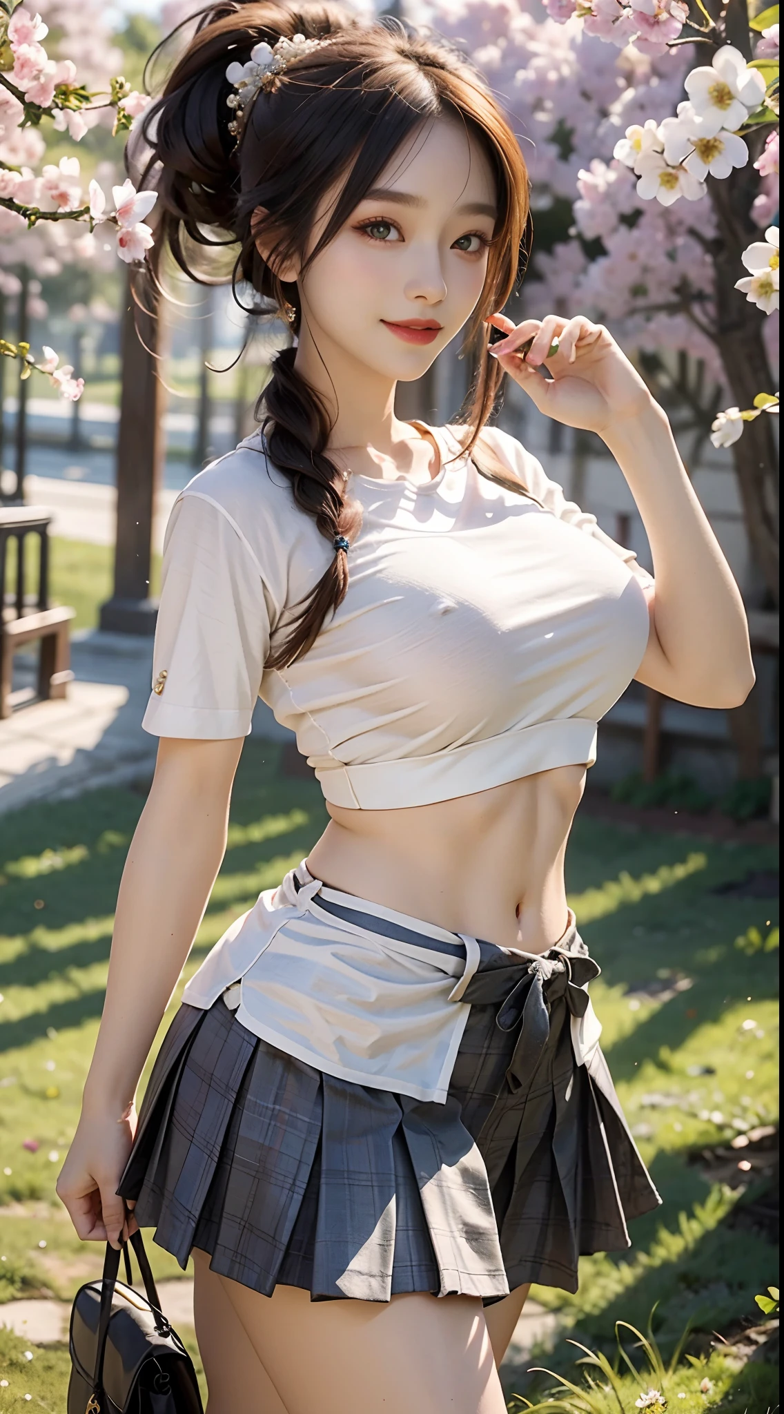 Masterpiece, Best quality, A high resolution, 超A high resolution,Real, Photorealistic,1 female,Morning,Natural lighting,view the viewer,Outdoor,full bodyesbian,Headband,Smile,chinese clothes style,tee shirt,Pleated skirt,grassy fields,the cherry trees,Plump body,Oval face,High ponytail,Long hair,details eyes,lipstick,Huge breasts,Medium Waist,medium thigh